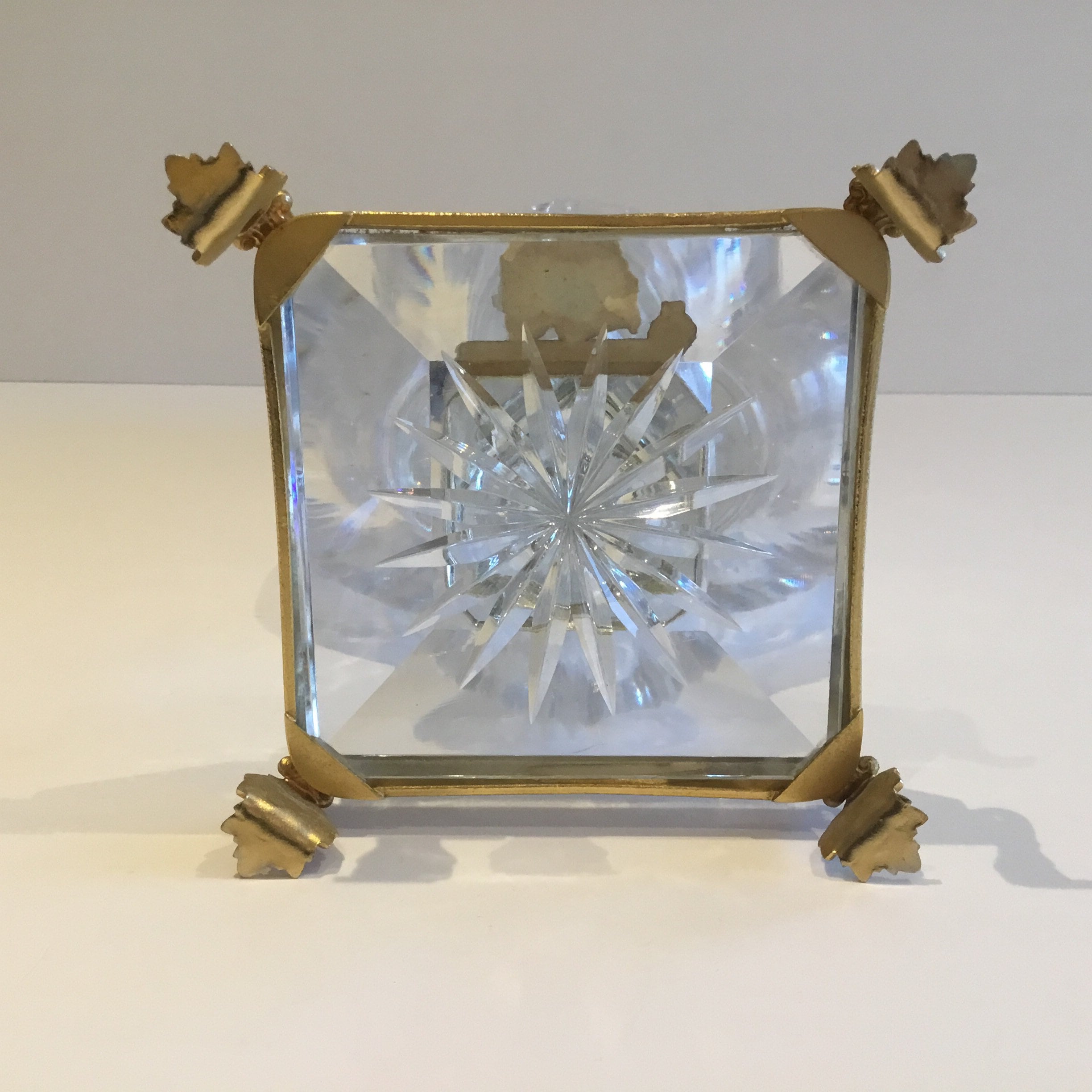 Vintage Bohemian Crystal Vase | 1950s Hand-Cut, Gold Metal Pedestal, Czechoslovakia — photo 8 of 8