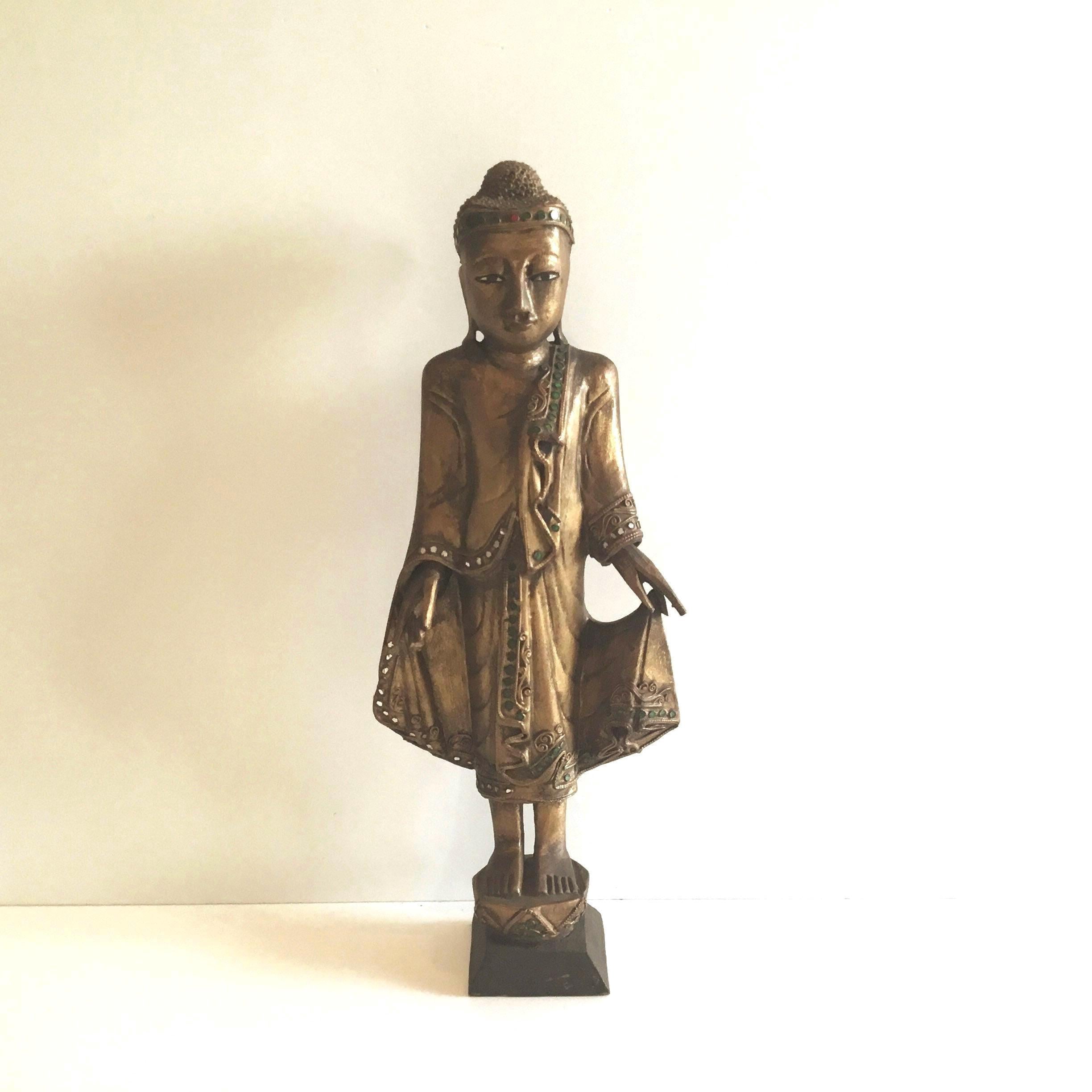 Antique Thai Buddha | 1900s Gilded Wood Statue, Hand-Carved with Glass Decor — photo 2 of 10