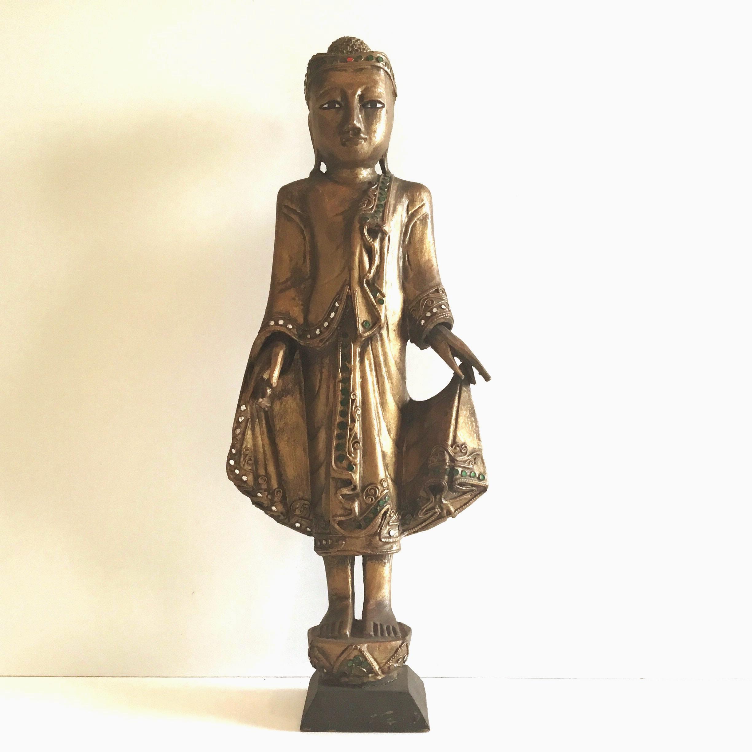 Antique Thai Buddha | 1900s Gilded Wood Statue, Hand-Carved with Glass Decor — photo 3 of 10