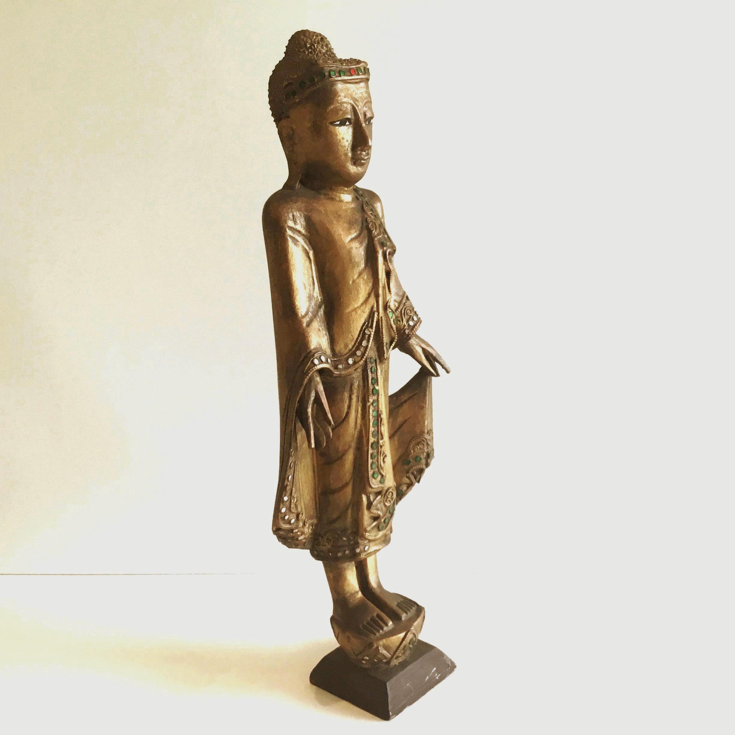 Antique Thai Buddha | 1900s Gilded Wood Statue, Hand-Carved with Glass Decor — photo 4 of 10