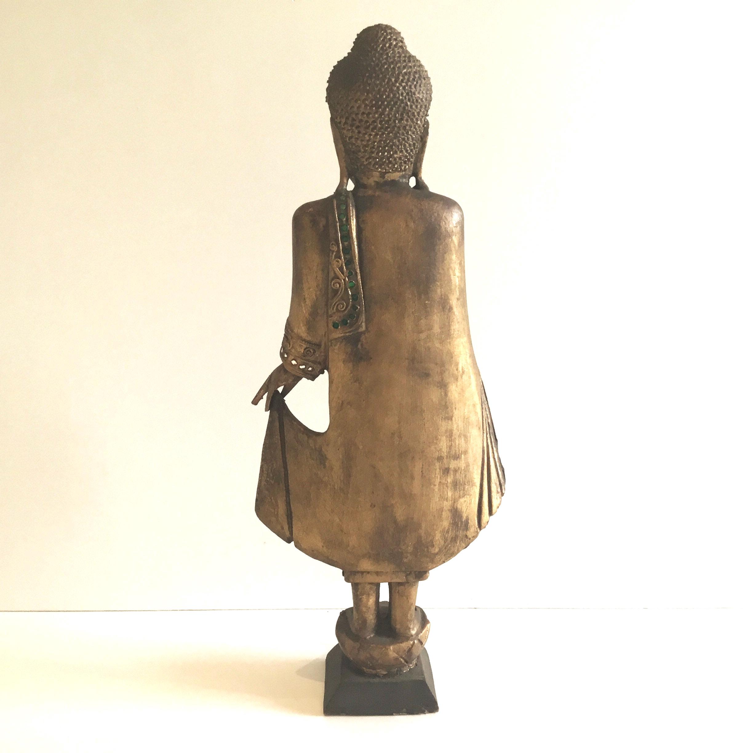 Antique Thai Buddha | 1900s Gilded Wood Statue, Hand-Carved with Glass Decor — photo 5 of 10
