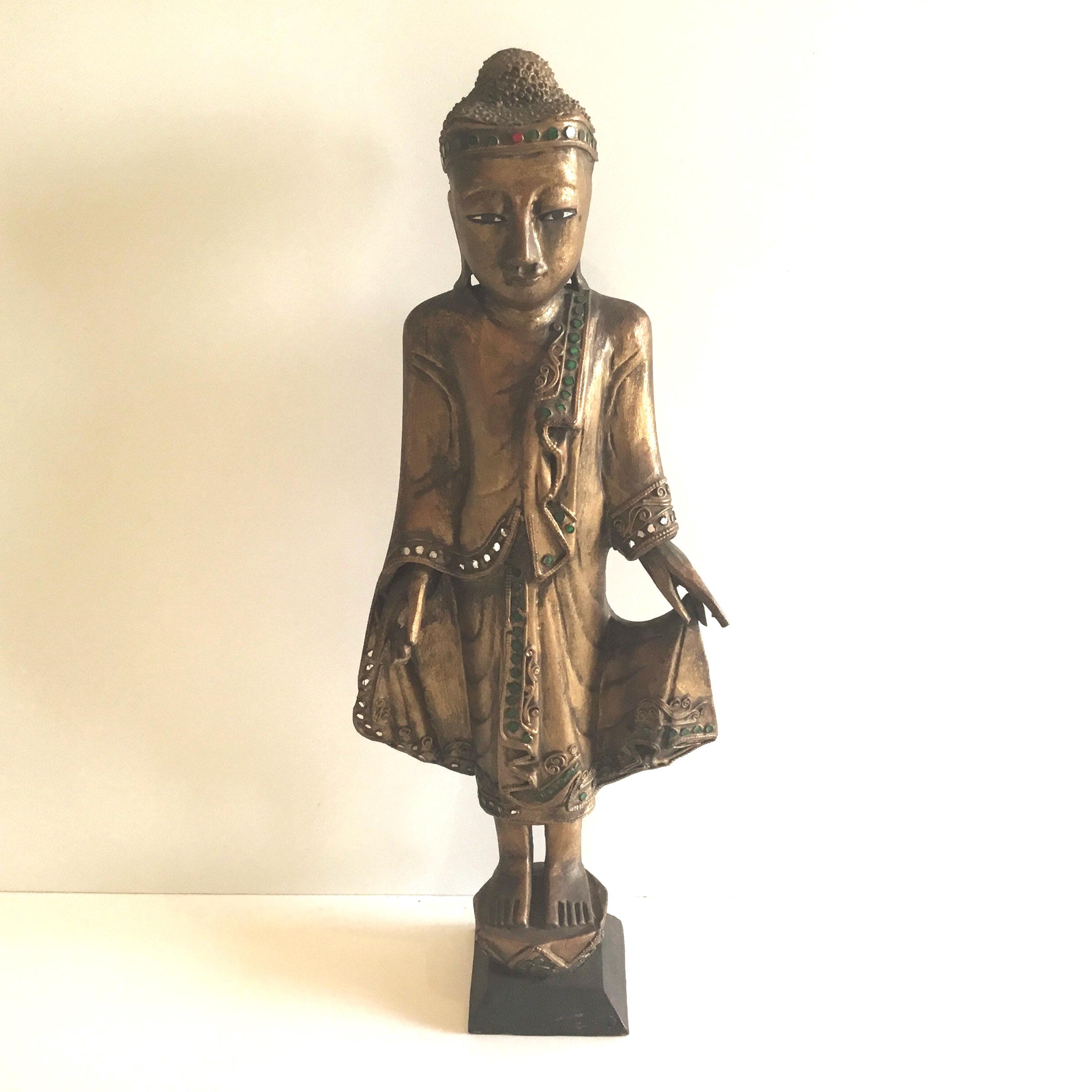 Antique Thai Buddha | 1900s Gilded Wood Statue, Hand-Carved with Glass Decor — photo 6 of 10