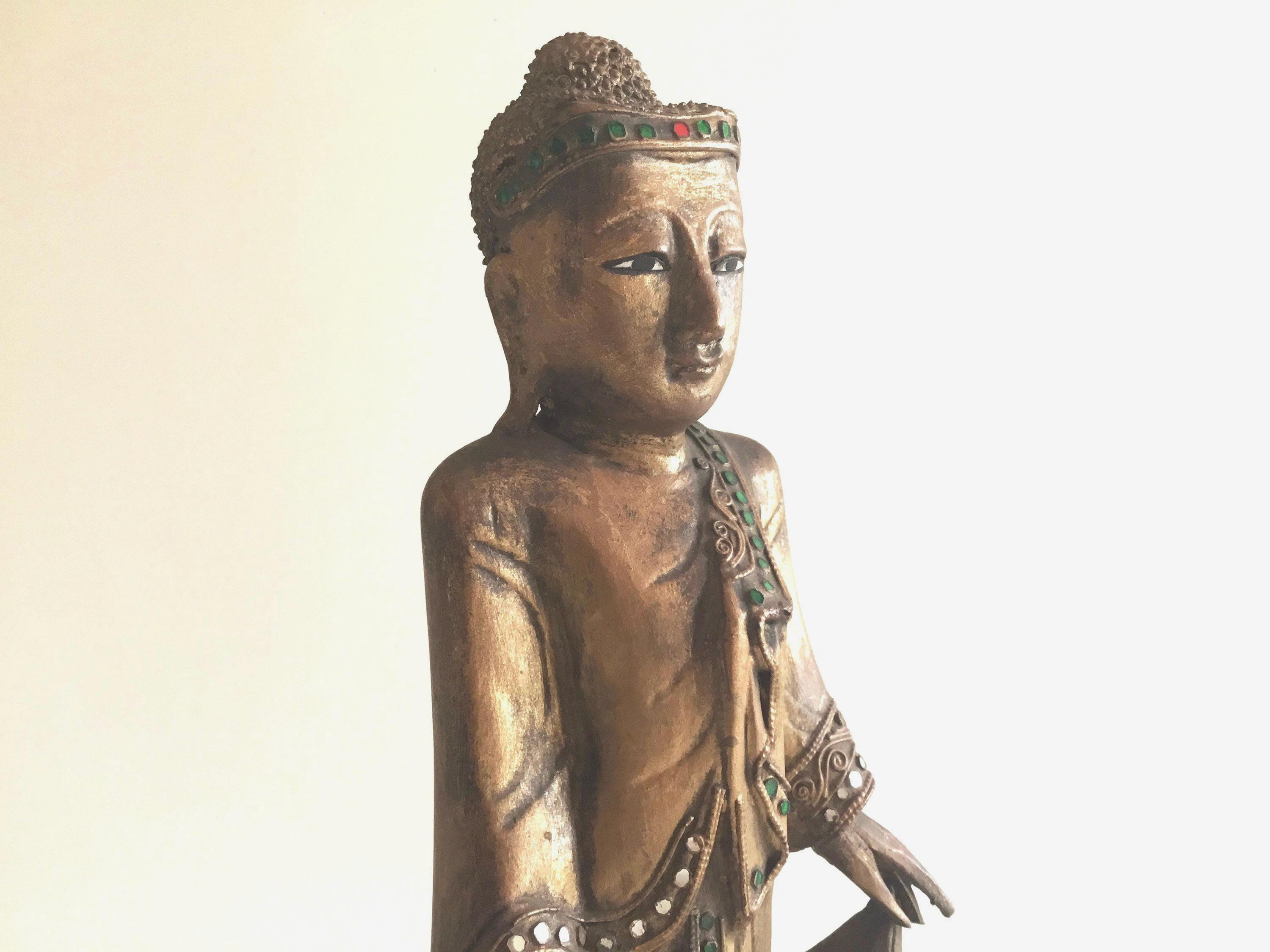 Antique Thai Buddha | 1900s Gilded Wood Statue, Hand-Carved with Glass Decor — photo 7 of 10