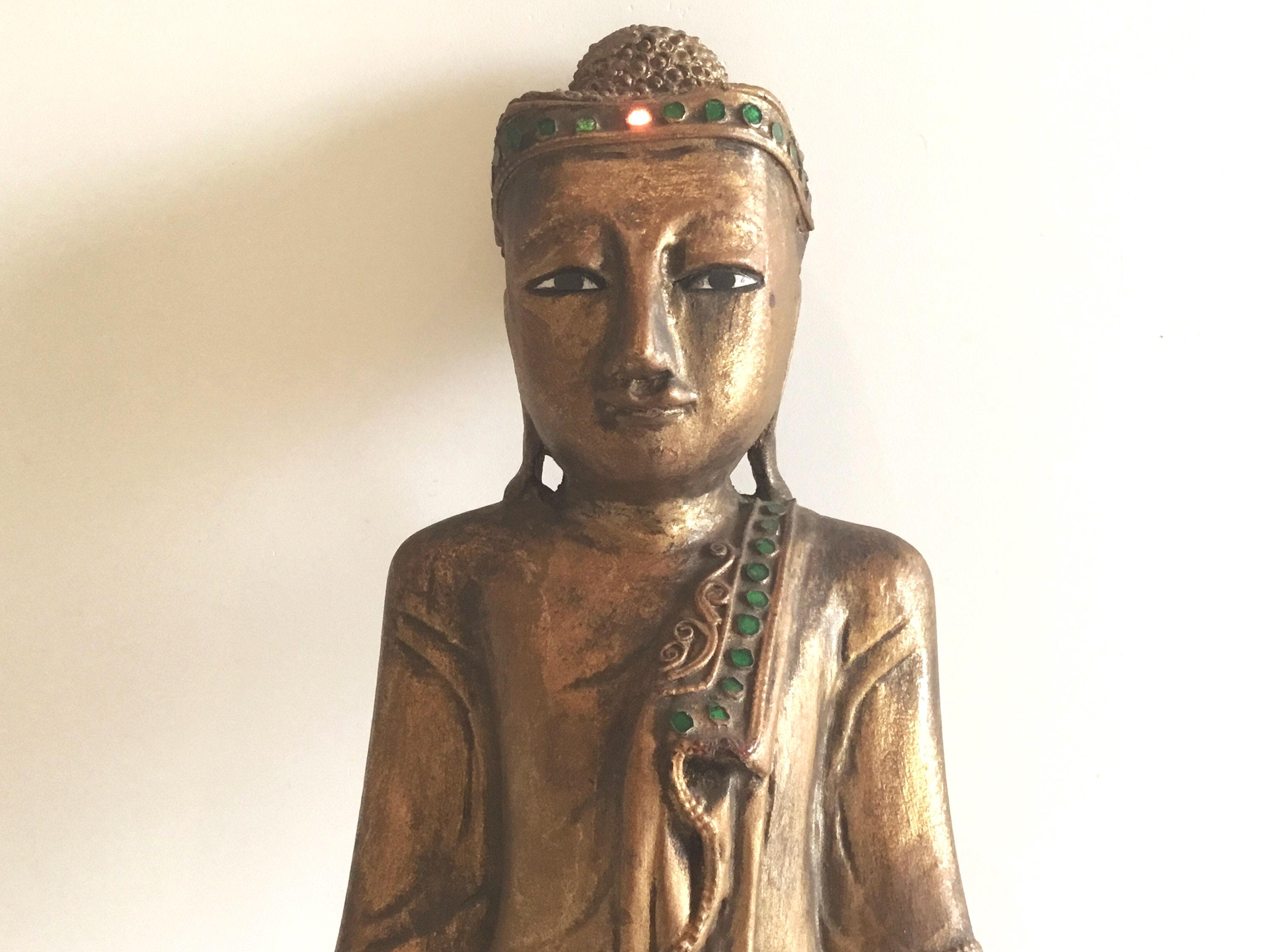 Antique Thai Buddha | 1900s Gilded Wood Statue, Hand-Carved with Glass Decor — photo 9 of 10