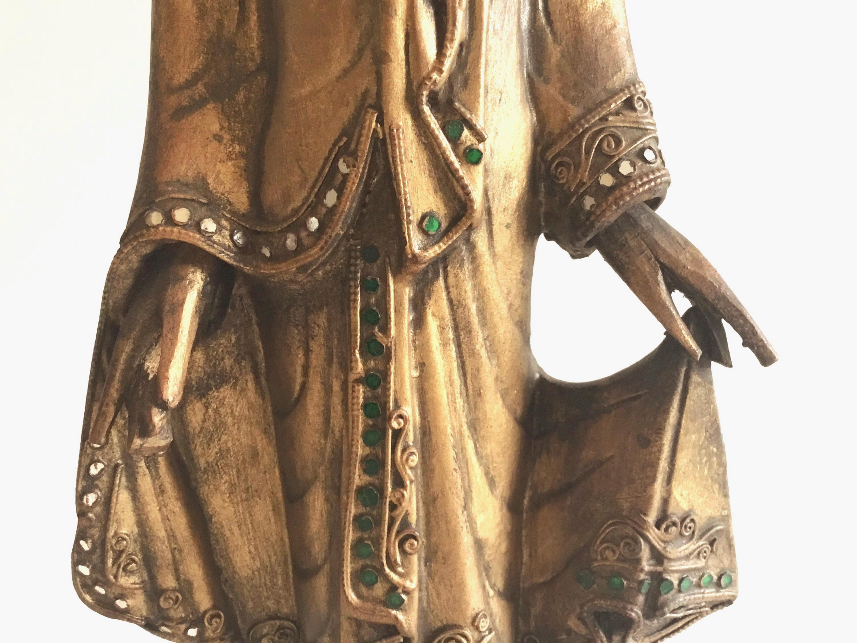 Antique Thai Buddha | 1900s Gilded Wood Statue, Hand-Carved with Glass Decor — photo 10 of 10
