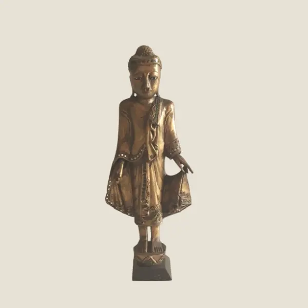 Antique Thai Buddha | 1900s Gilded Wood Statue, Hand-Carved with Glass Decor