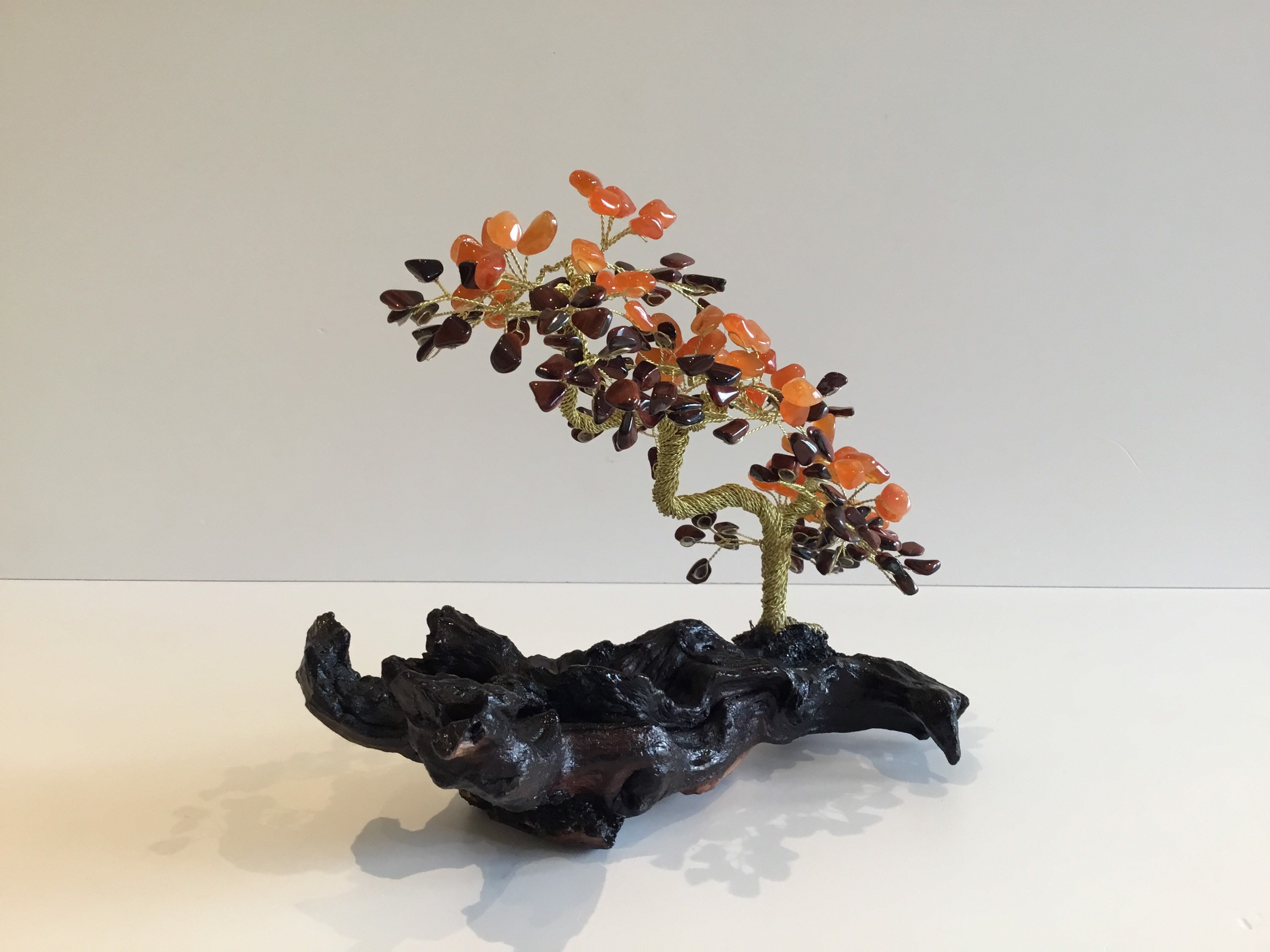 Vintage Sculpture | Artistic Bonsai Gold Plated Copper Wire, Carnelian & Tiger's Eye Stones — photo 2 of 10