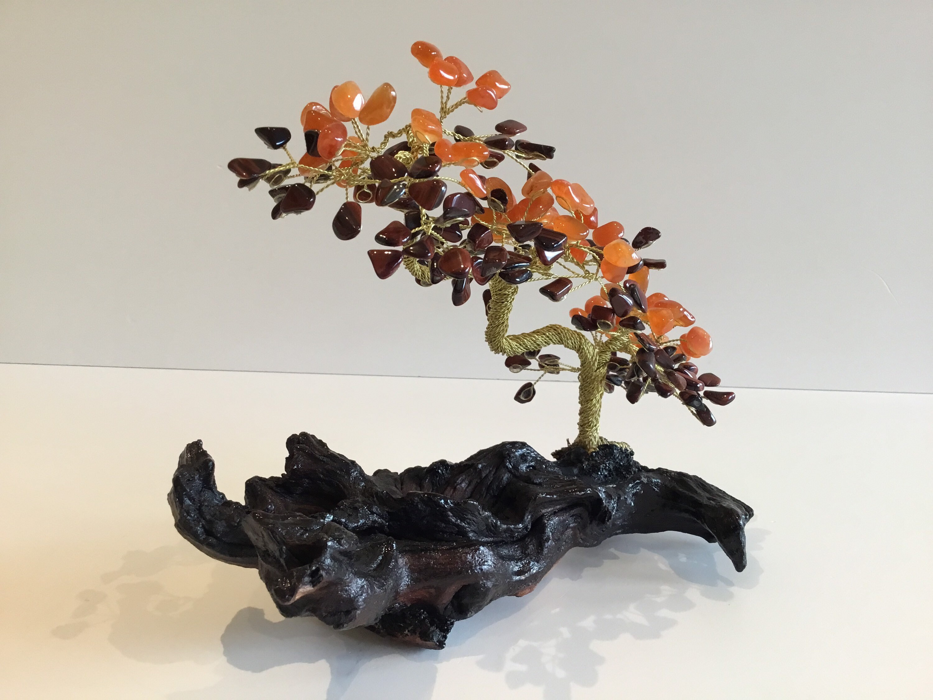 Vintage Sculpture | Artistic Bonsai Gold Plated Copper Wire, Carnelian & Tiger's Eye Stones — photo 3 of 10