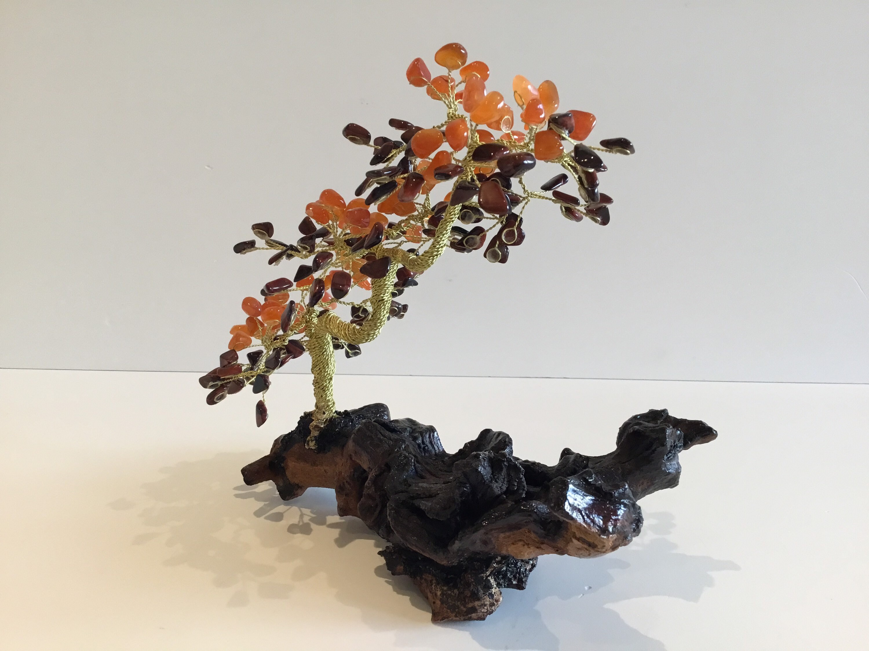 Vintage Sculpture | Artistic Bonsai Gold Plated Copper Wire, Carnelian & Tiger's Eye Stones — photo 4 of 10