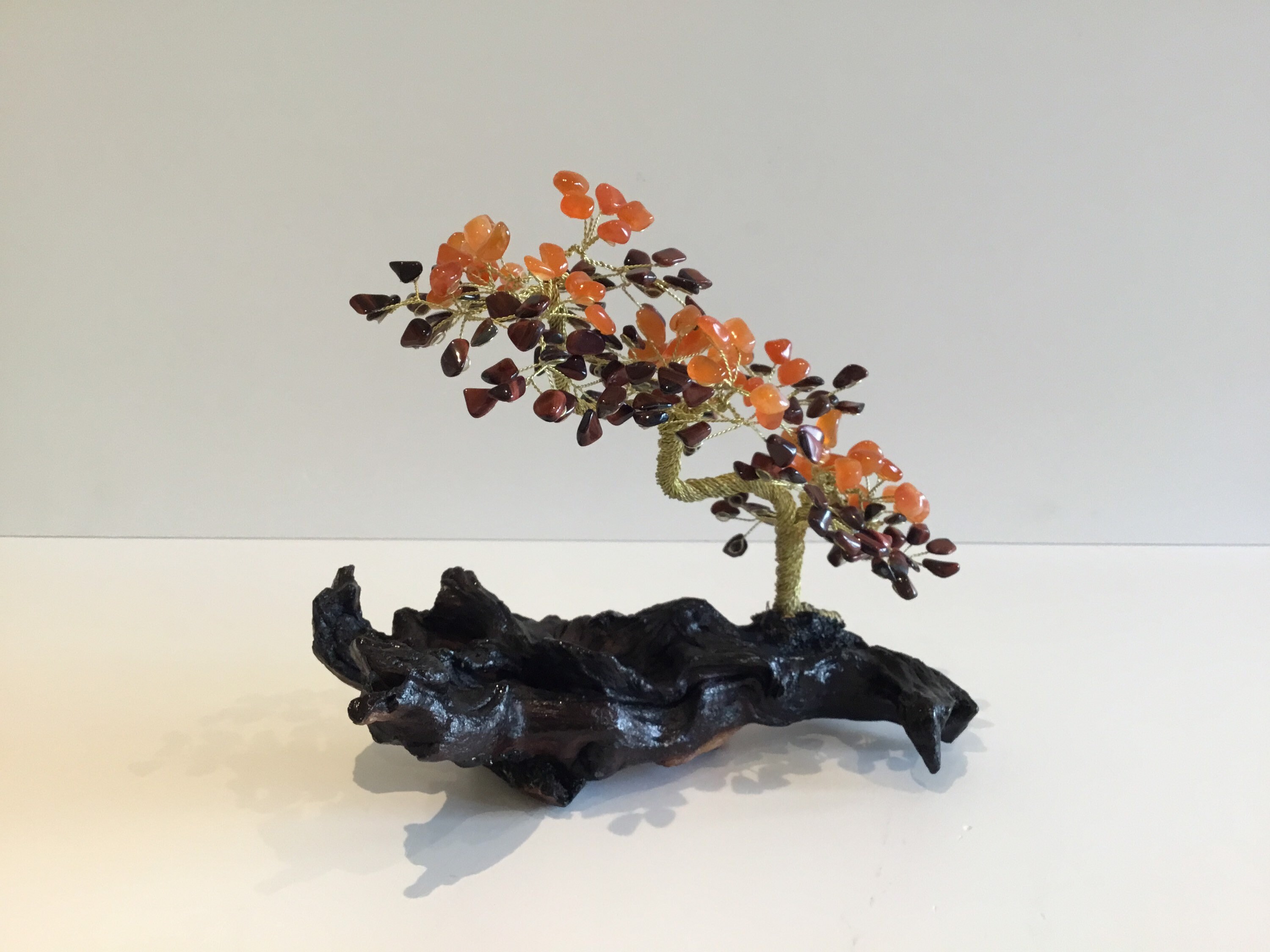Vintage Sculpture | Artistic Bonsai Gold Plated Copper Wire, Carnelian & Tiger's Eye Stones — photo 5 of 10