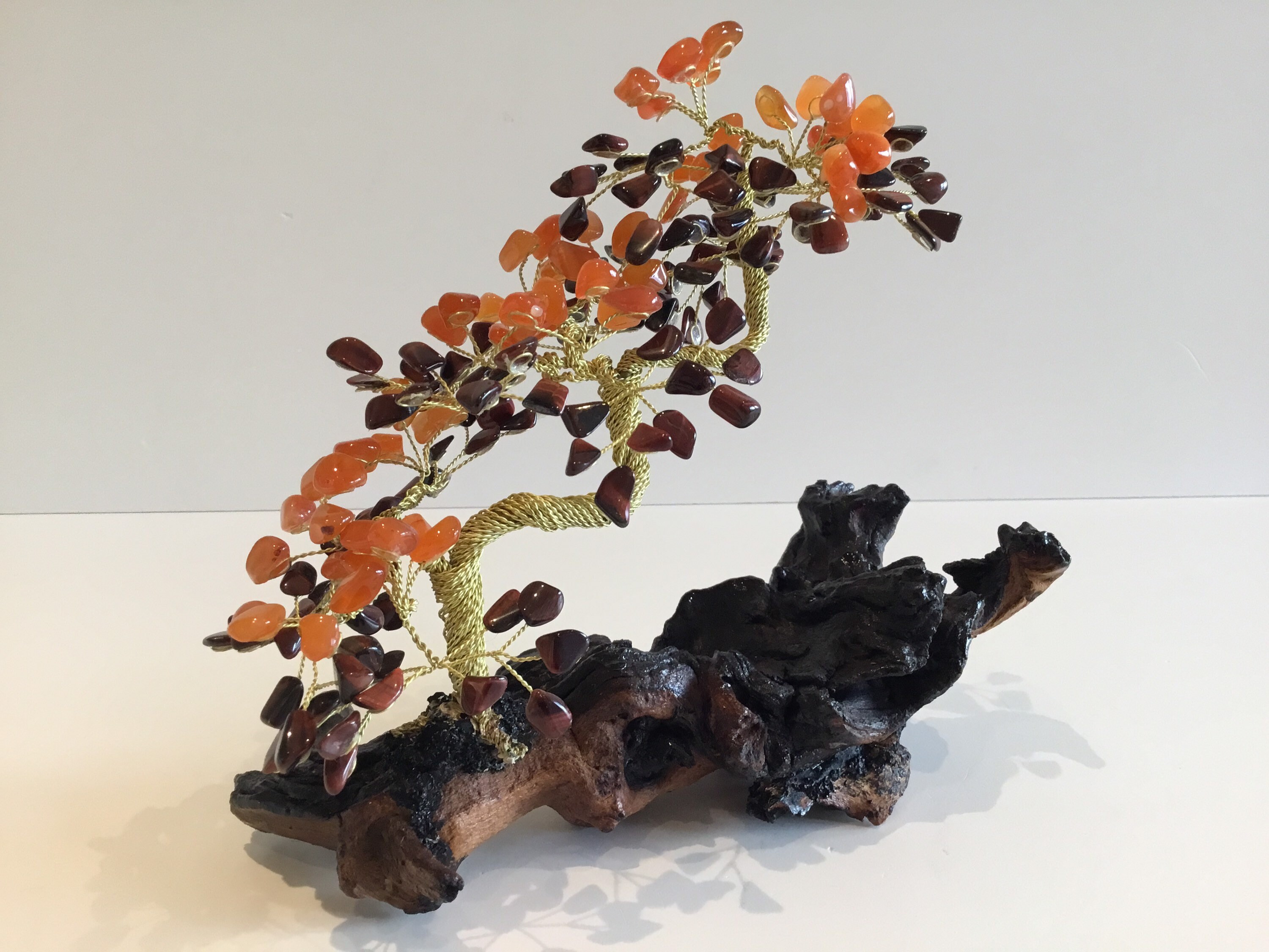 Vintage Sculpture | Artistic Bonsai Gold Plated Copper Wire, Carnelian & Tiger's Eye Stones — photo 6 of 10