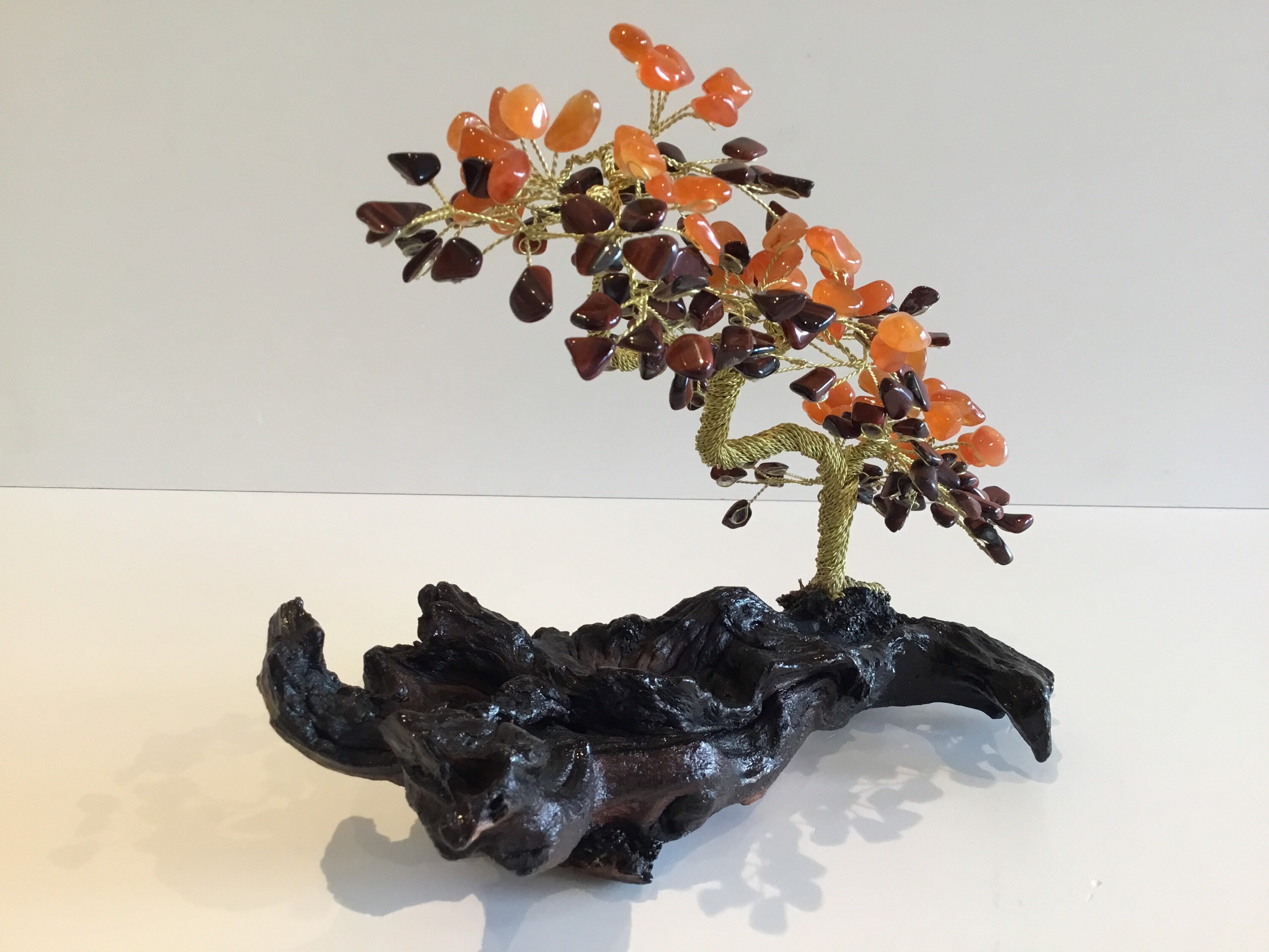 Vintage Sculpture | Artistic Bonsai Gold Plated Copper Wire, Carnelian & Tiger's Eye Stones — photo 7 of 10
