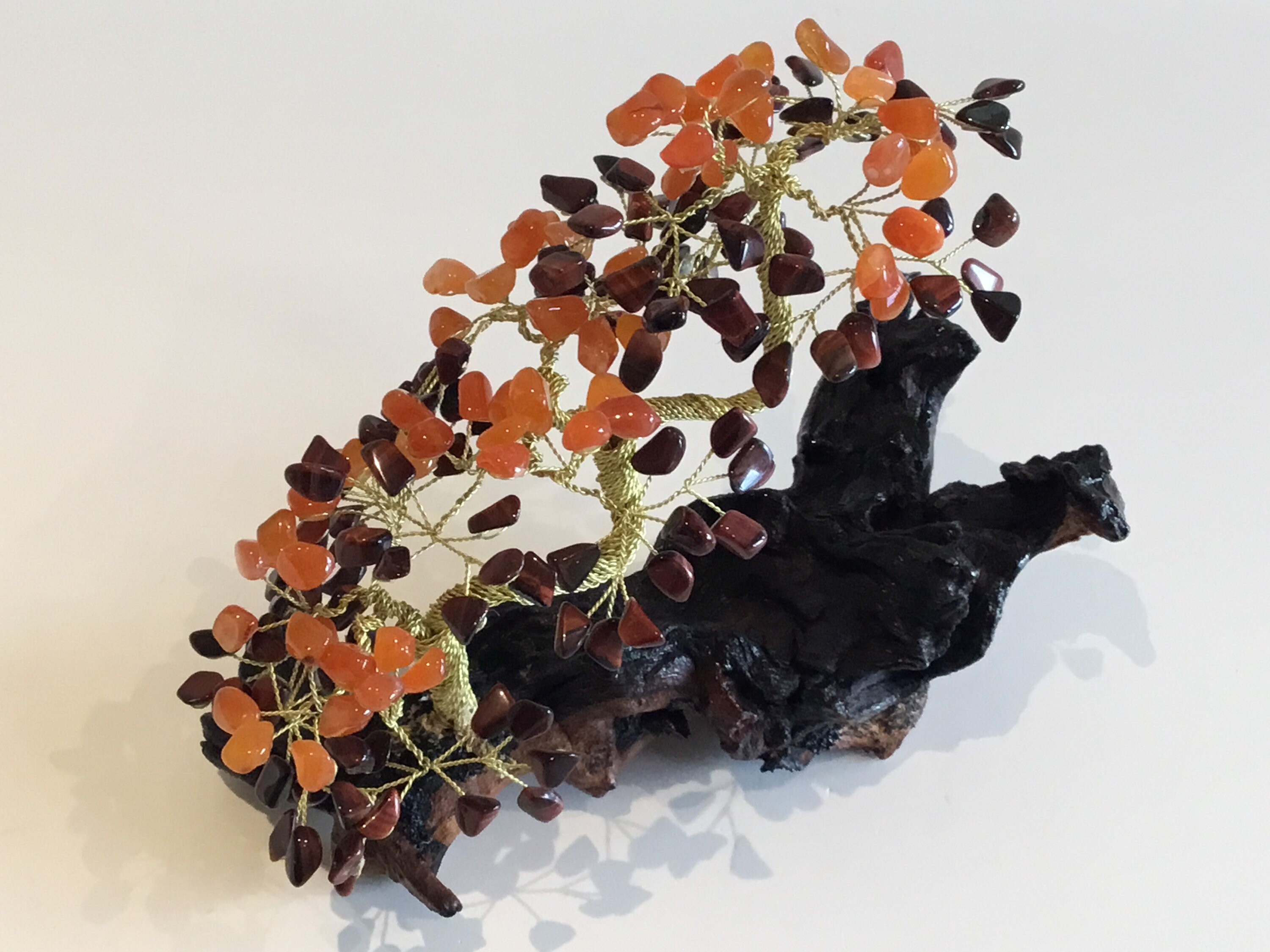 Vintage Sculpture | Artistic Bonsai Gold Plated Copper Wire, Carnelian & Tiger's Eye Stones — photo 8 of 10