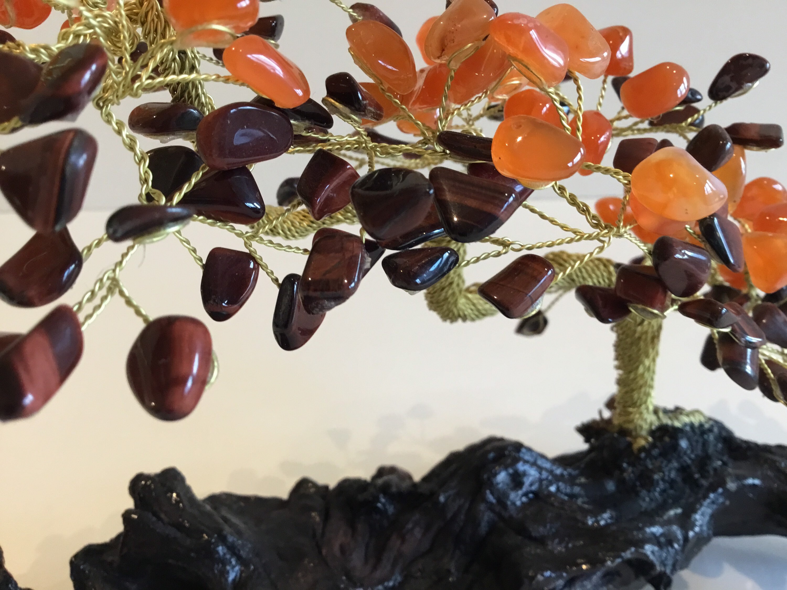 Vintage Sculpture | Artistic Bonsai Gold Plated Copper Wire, Carnelian & Tiger's Eye Stones — photo 9 of 10