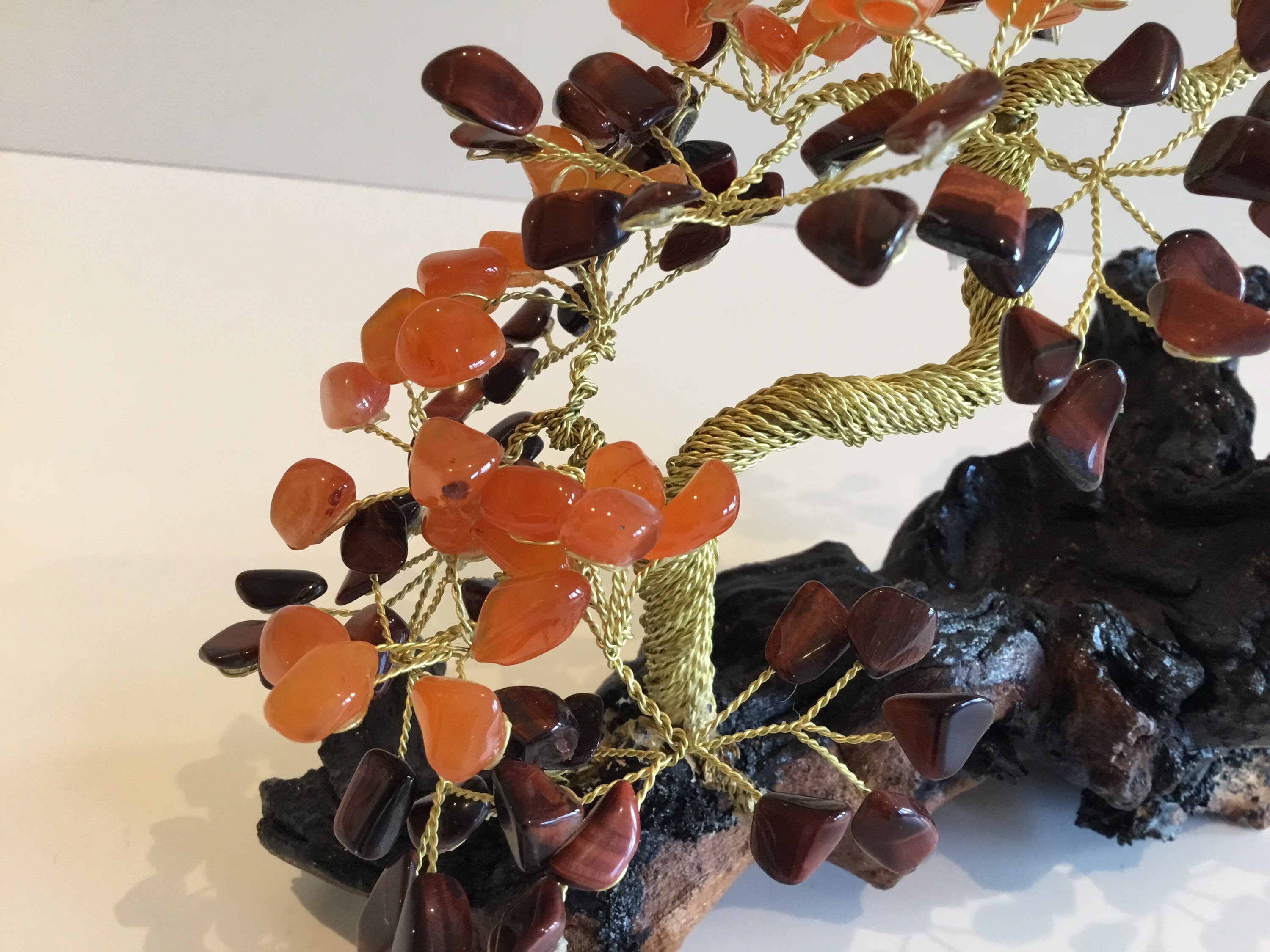 Vintage Sculpture | Artistic Bonsai Gold Plated Copper Wire, Carnelian & Tiger's Eye Stones — photo 10 of 10
