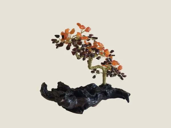 Vintage Sculpture | Artistic Bonsai Gold Plated Copper Wire, Carnelian & Tiger's Eye Stones