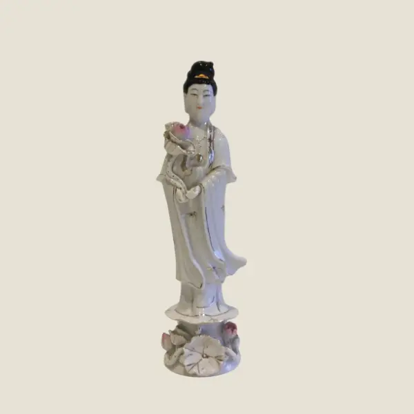 Vintage Porcelain Guan Yin | 1950s Chinese Goddess of Mercy, Hand Painted Gold Floral