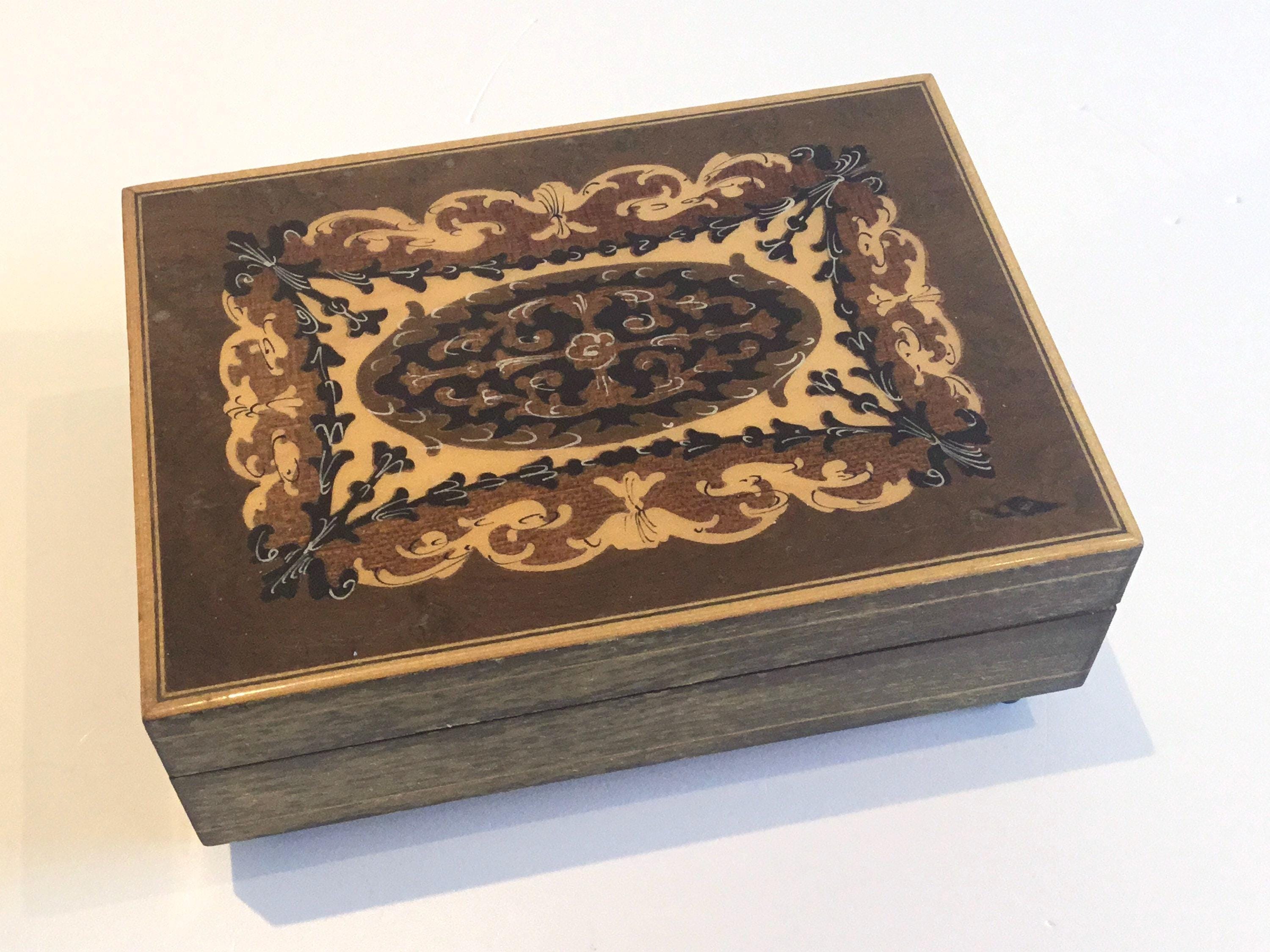 Vintage Music Box | 1960s Italian Olive Wood Jewelry Box, Santa Lucia Musical Movement — photo 3 of 7