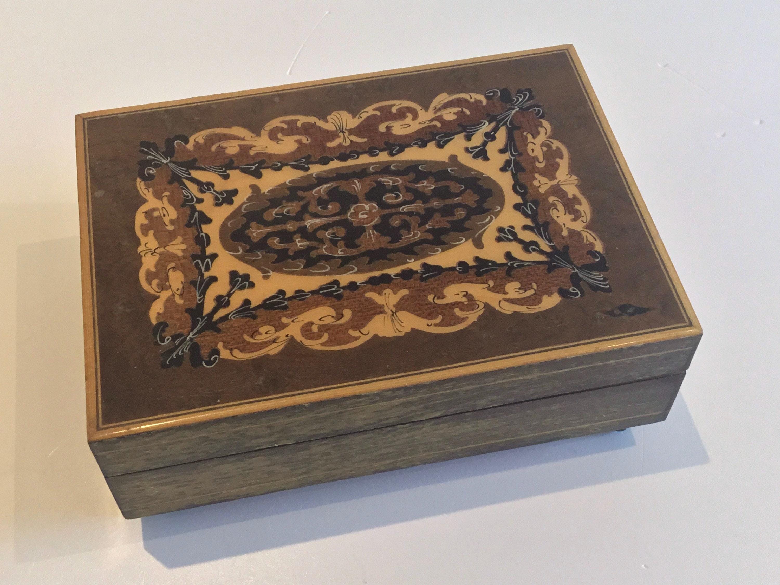 Vintage Music Box | 1960s Italian Olive Wood Jewelry Box, Santa Lucia Musical Movement — photo 4 of 7