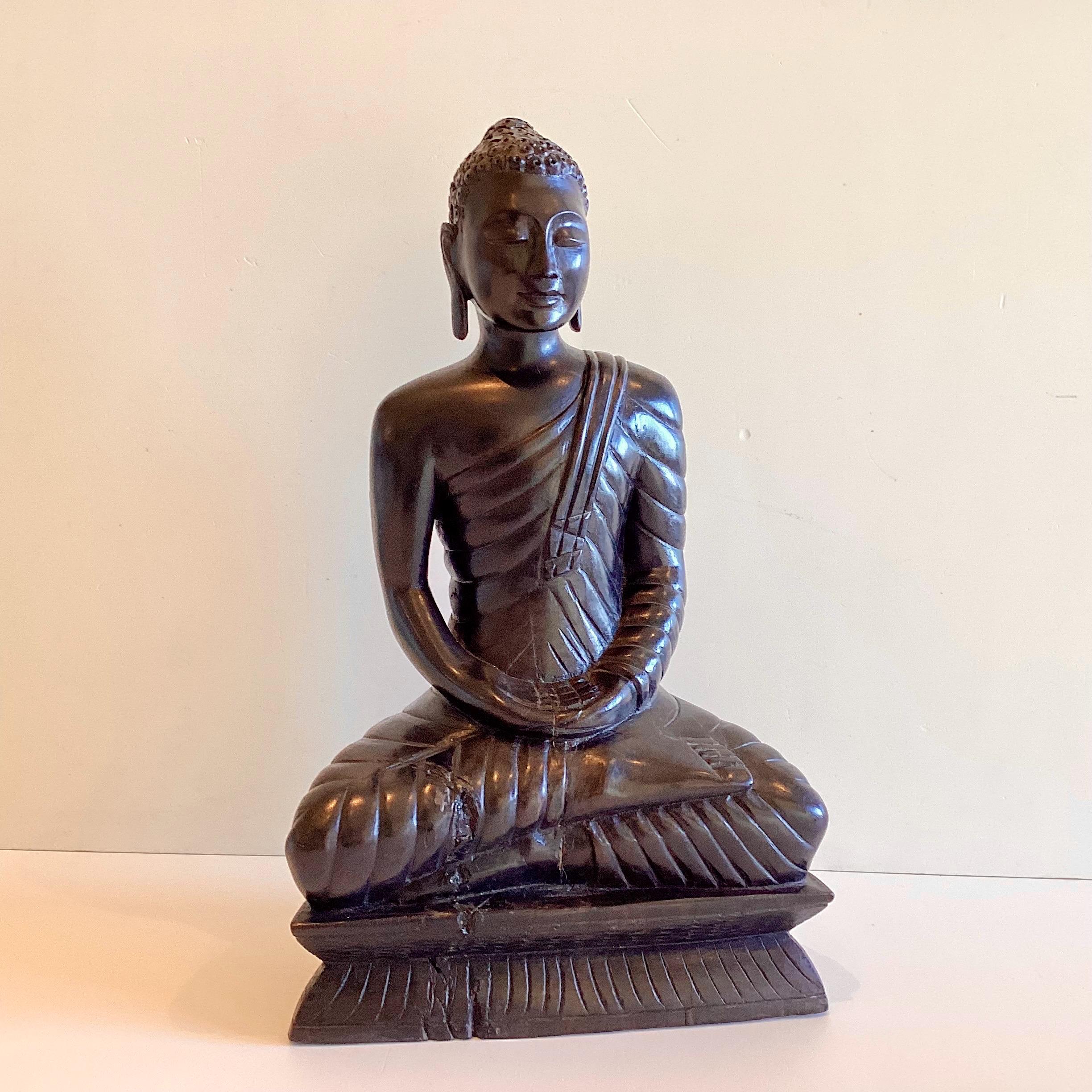 Antique Buddha Statue | 1900s Seated Meditation Dhyana Mudra, Solid Ebony Wood Thai — photo 2 of 11