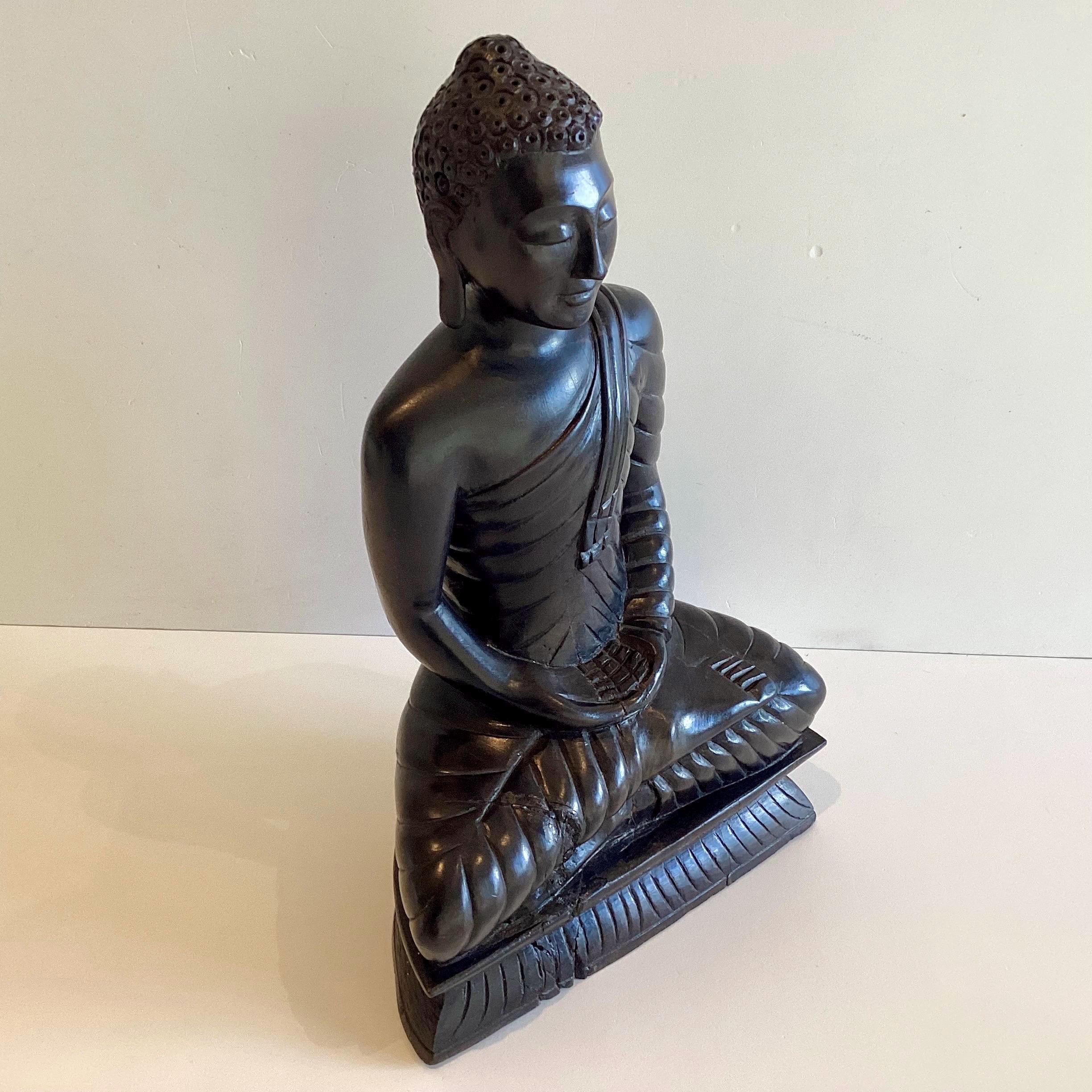 Antique Buddha Statue | 1900s Seated Meditation Dhyana Mudra, Solid Ebony Wood Thai — photo 3 of 11