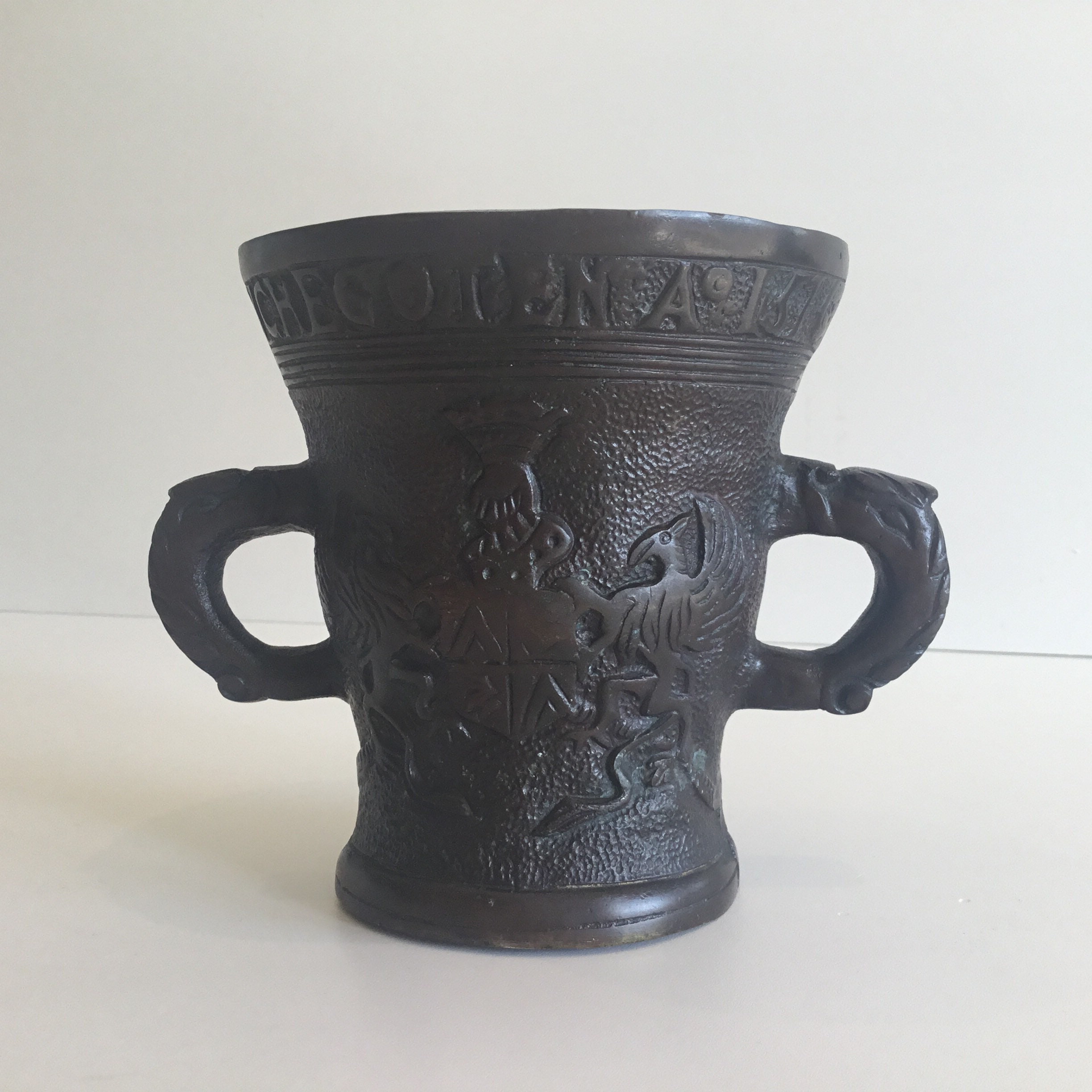 Antique Bronze Dutch Mortar (1800s) Historical Reproduction of 1576 Engraved Model — photo 2 of 11