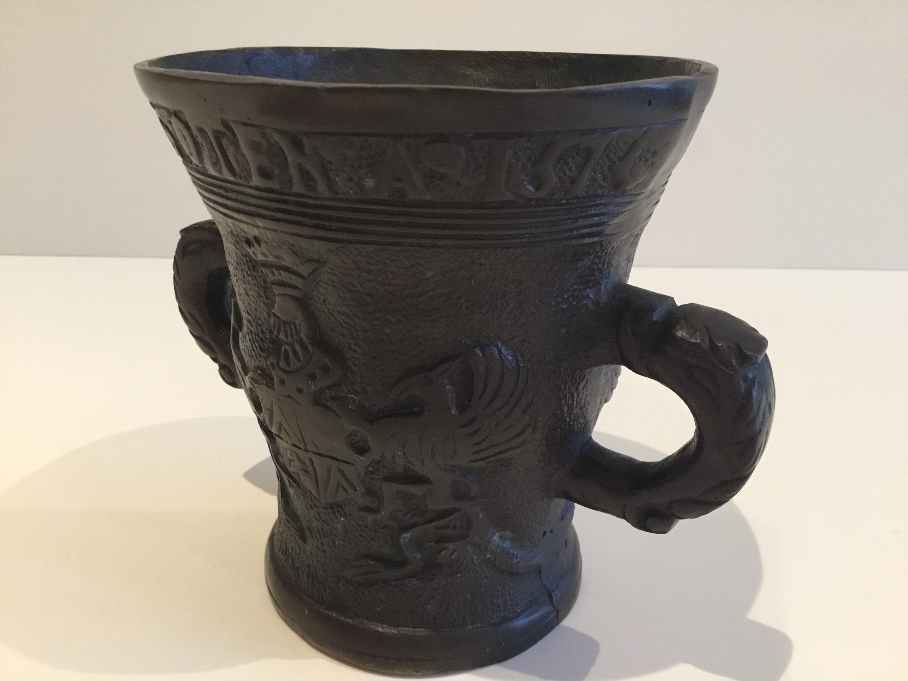 Antique Bronze Dutch Mortar (1800s) Historical Reproduction of 1576 Engraved Model — photo 10 of 11