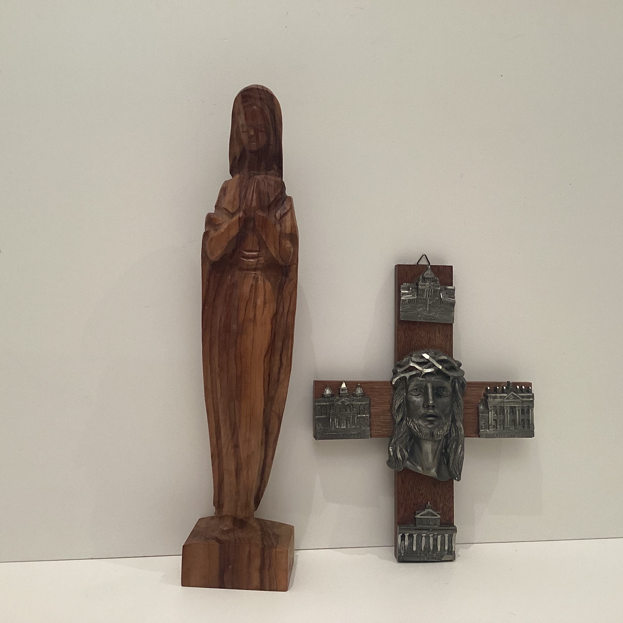 Vintage Wooden Madonna | 1950s Italian Carved Statue with Rare Symbolic Crucifix — photo 2 of 11
