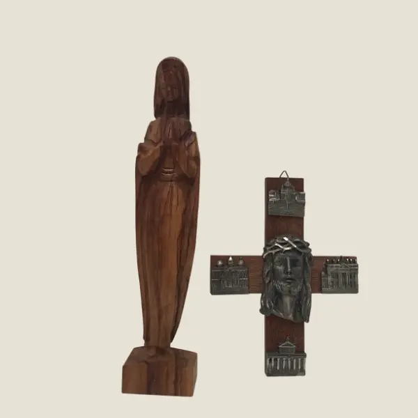 Vintage Wooden Madonna | 1950s Italian Carved Statue with Rare Symbolic Crucifix