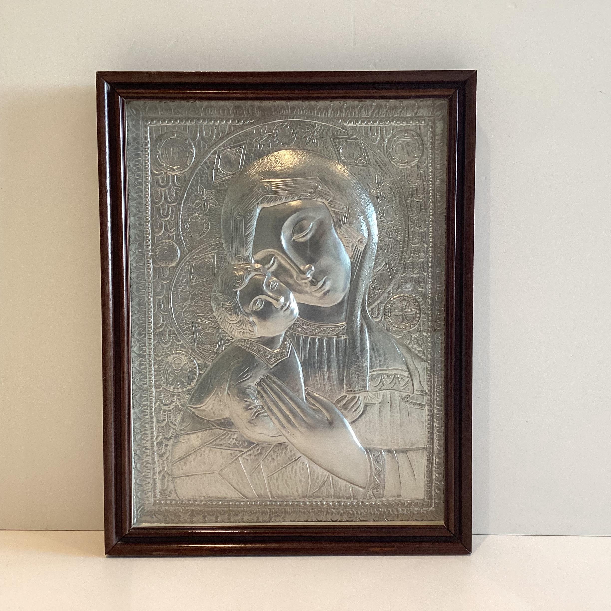 Vintage Silver Plaque | Madonna and Child 1970s, Italian Embossed Religious Wall Art — photo 2 of 11