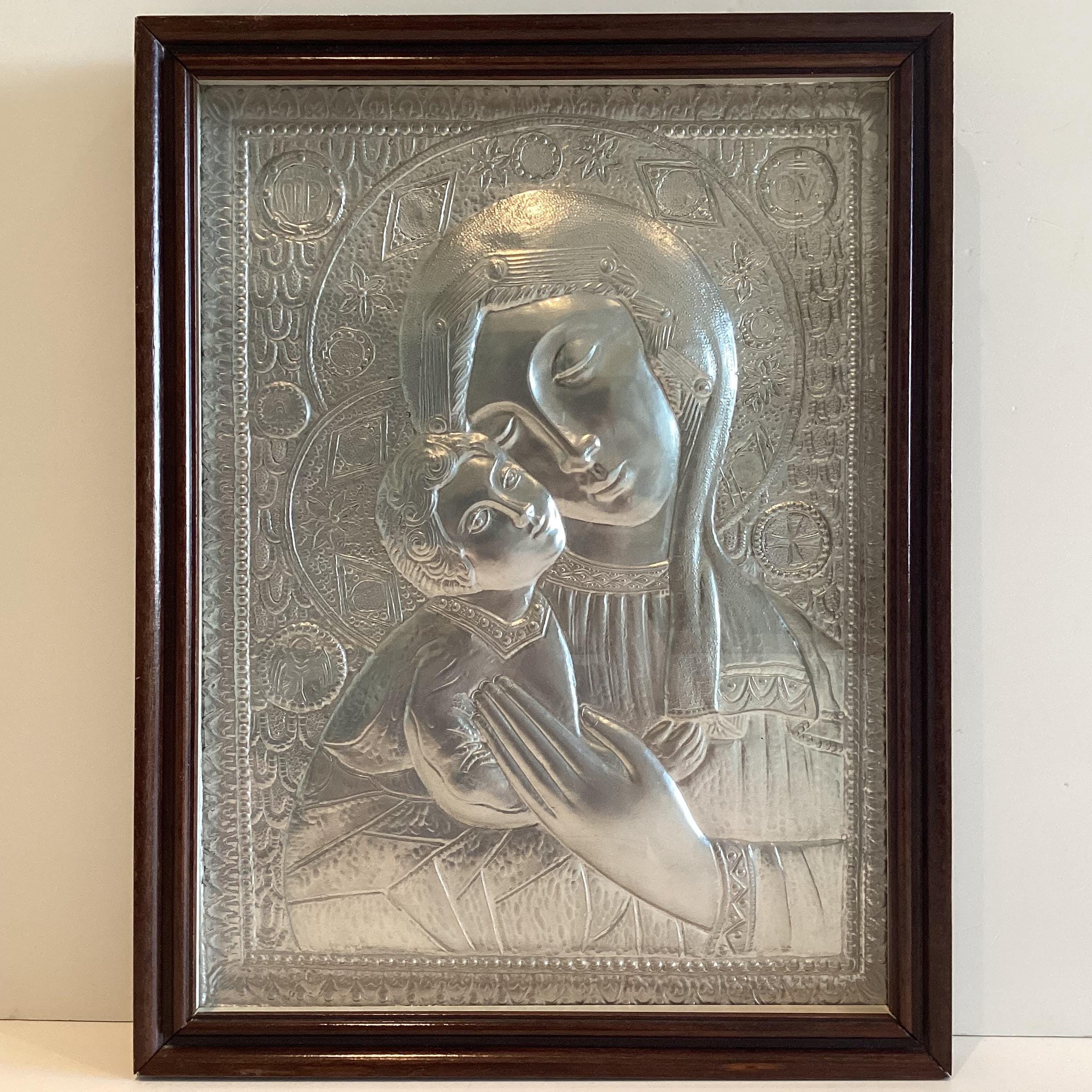 Vintage Silver Plaque | Madonna and Child 1970s, Italian Embossed Religious Wall Art — photo 3 of 11