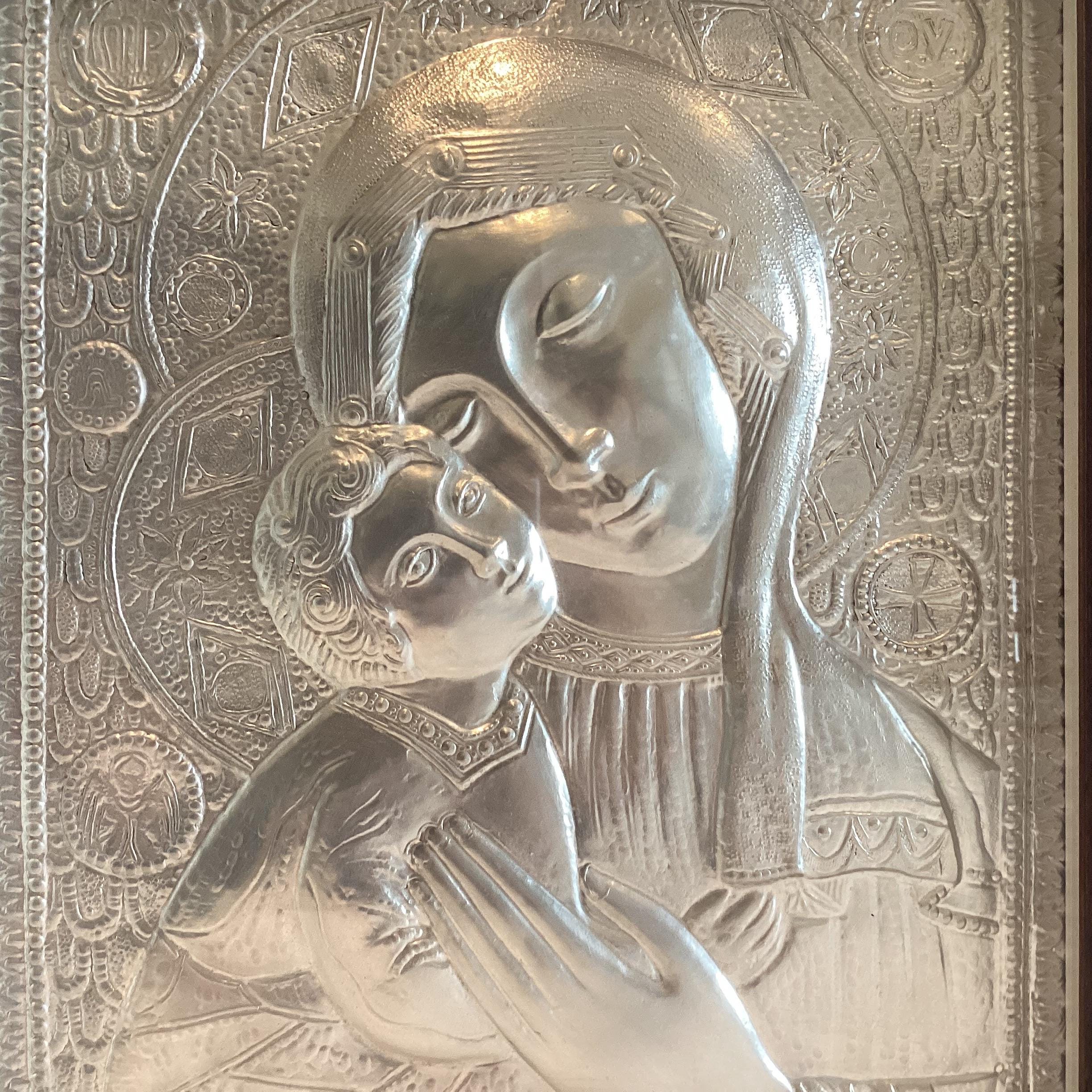 Vintage Silver Plaque | Madonna and Child 1970s, Italian Embossed Religious Wall Art — photo 4 of 11