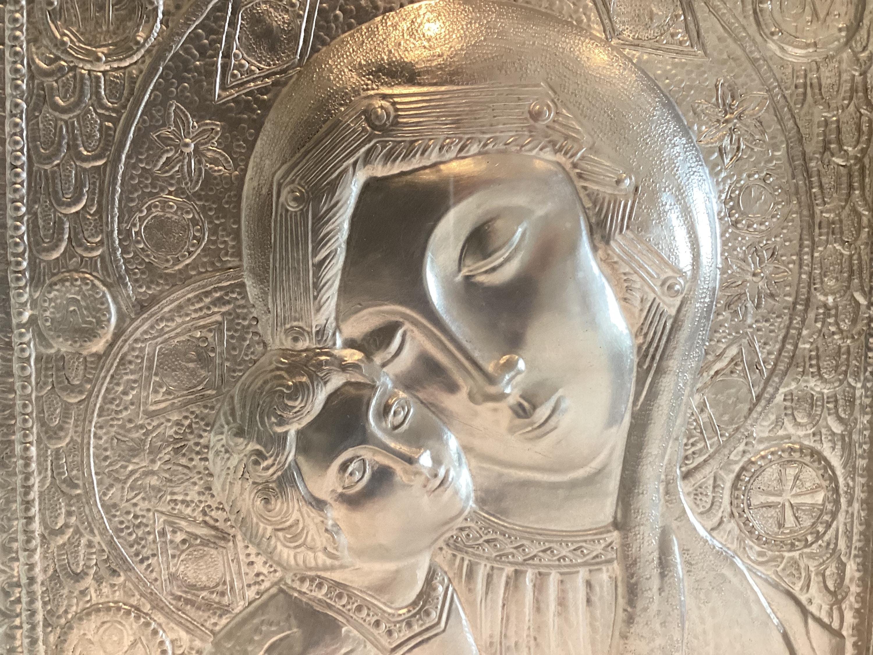 Vintage Silver Plaque | Madonna and Child 1970s, Italian Embossed Religious Wall Art — photo 5 of 11