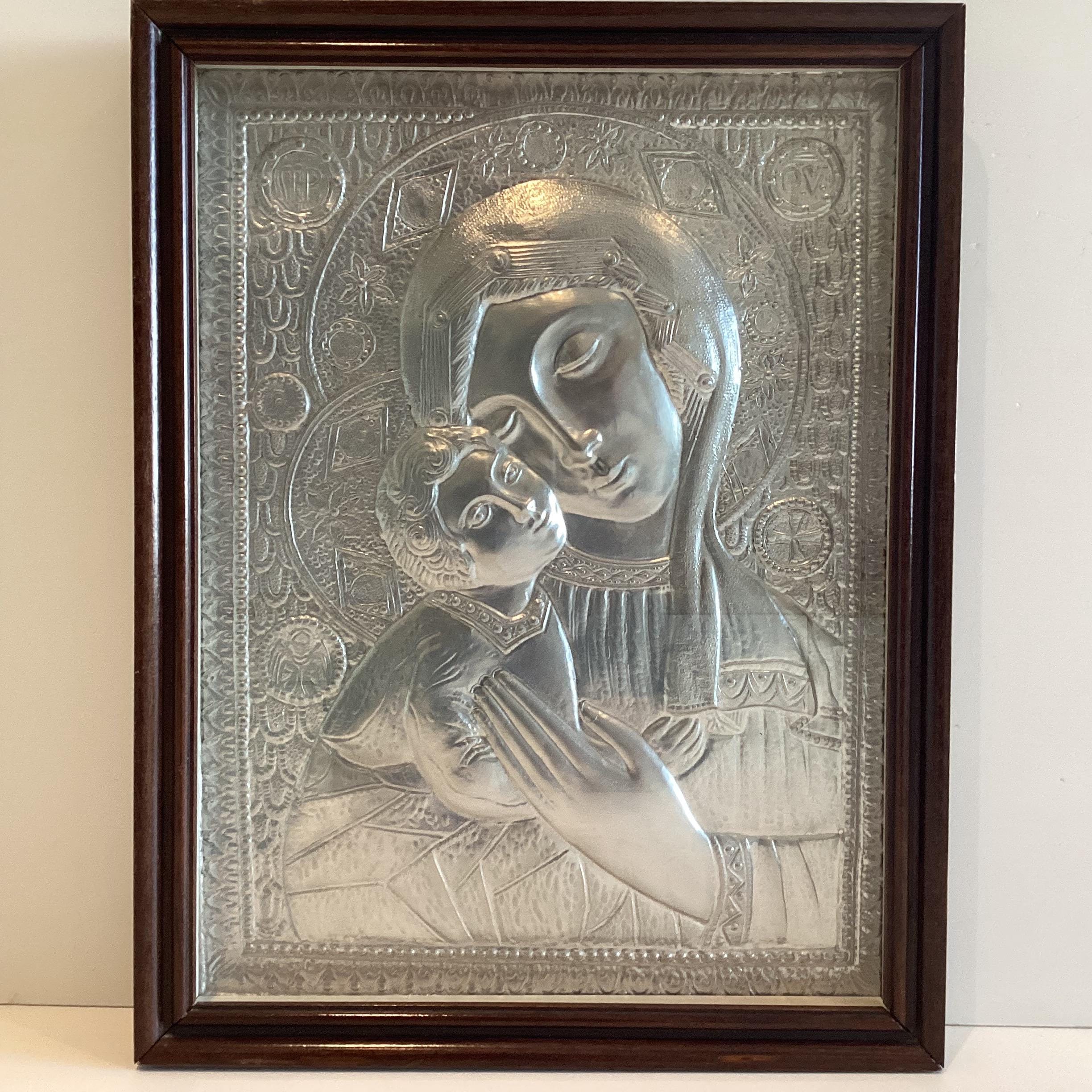 Vintage Silver Plaque | Madonna and Child 1970s, Italian Embossed Religious Wall Art — photo 7 of 11