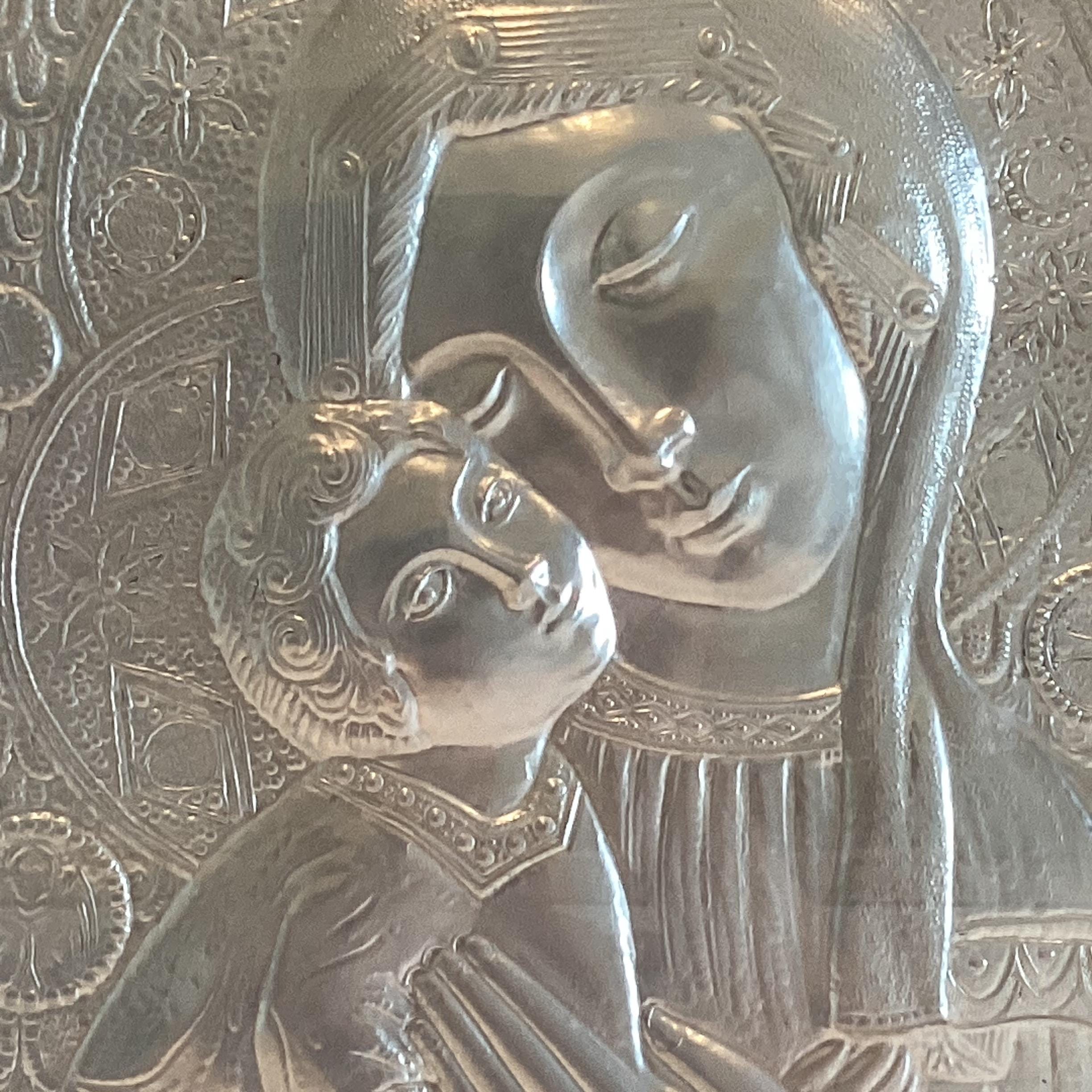 Vintage Silver Plaque | Madonna and Child 1970s, Italian Embossed Religious Wall Art — photo 8 of 11