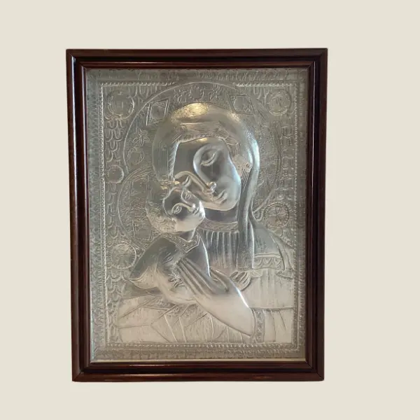 Vintage Silver Plaque | Madonna and Child 1970s, Italian Embossed Religious Wall Art