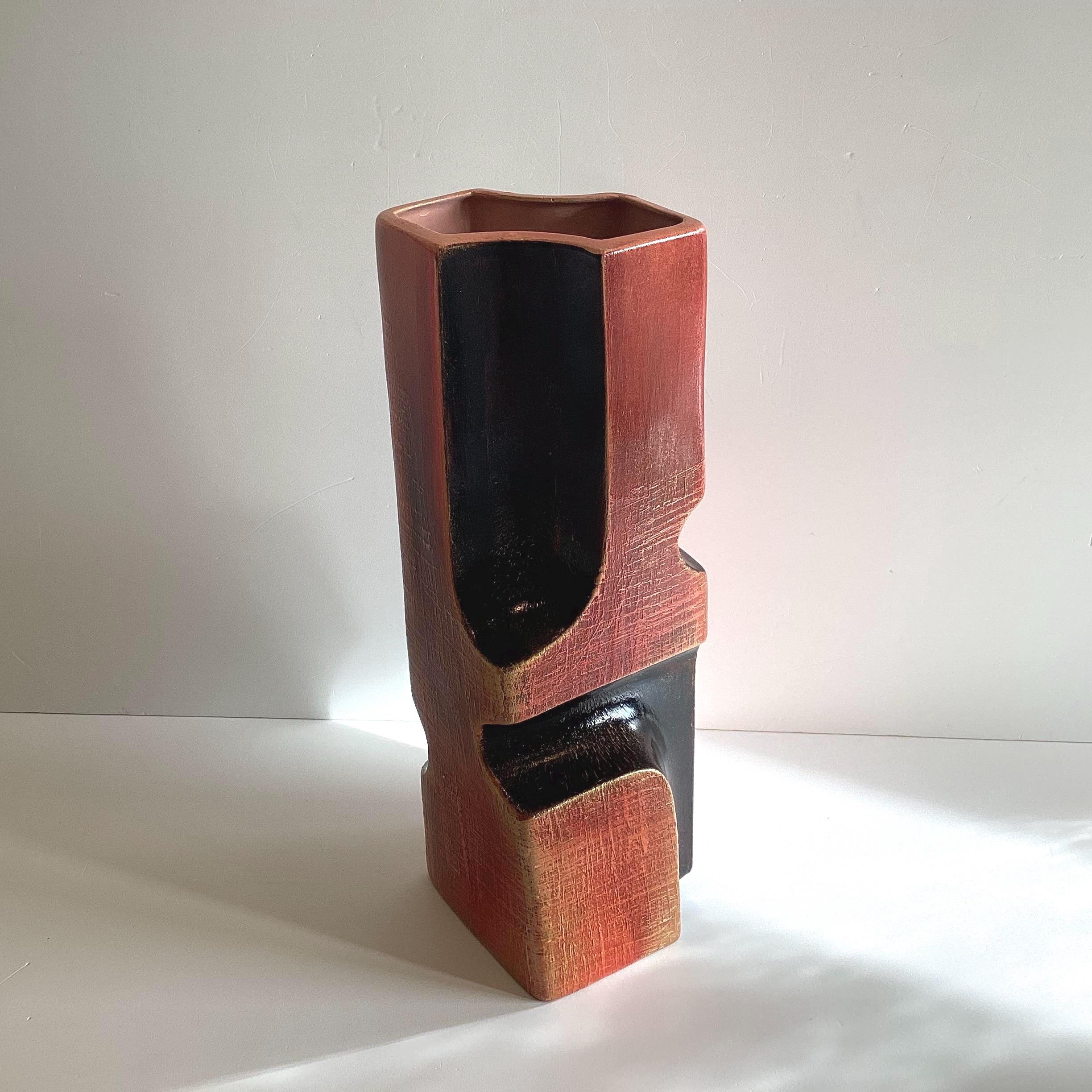 Ceramic Vase | 1980s Postmodern Italian Pottery, Red Clay & Black Glaze, Gold Patina — photo 2 of 11
