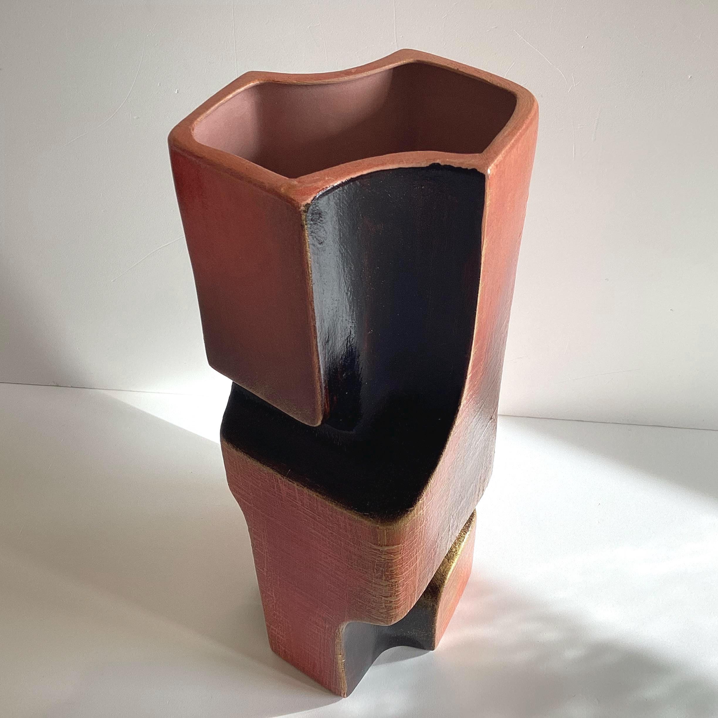 Ceramic Vase | 1980s Postmodern Italian Pottery, Red Clay & Black Glaze, Gold Patina — photo 11 of 11