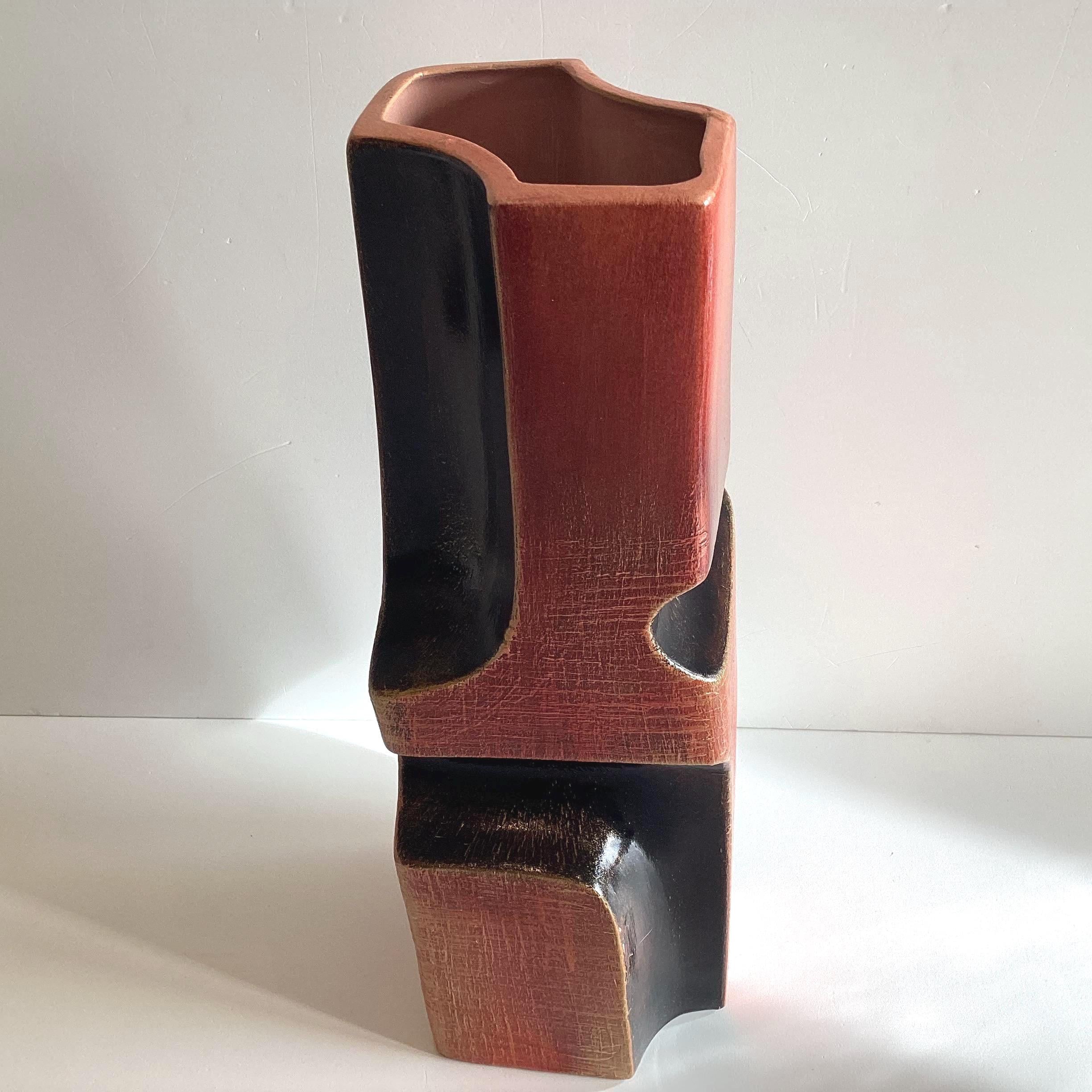 Ceramic Vase | 1980s Postmodern Italian Pottery, Red Clay & Black Glaze, Gold Patina — photo 3 of 11