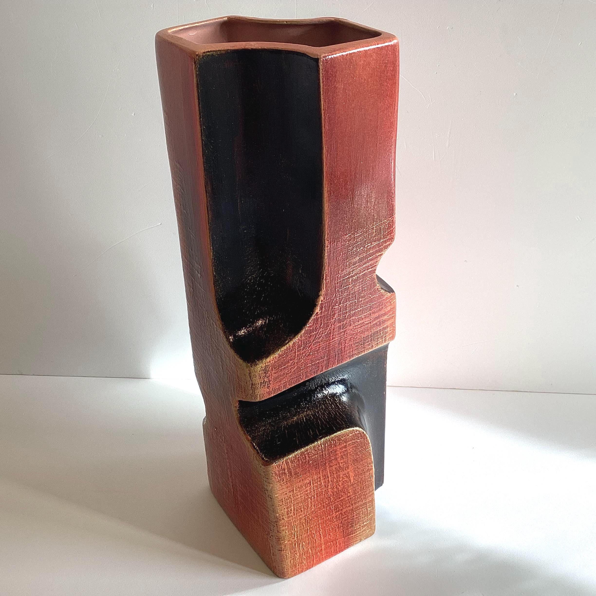 Ceramic Vase | 1980s Postmodern Italian Pottery, Red Clay & Black Glaze, Gold Patina — photo 5 of 11