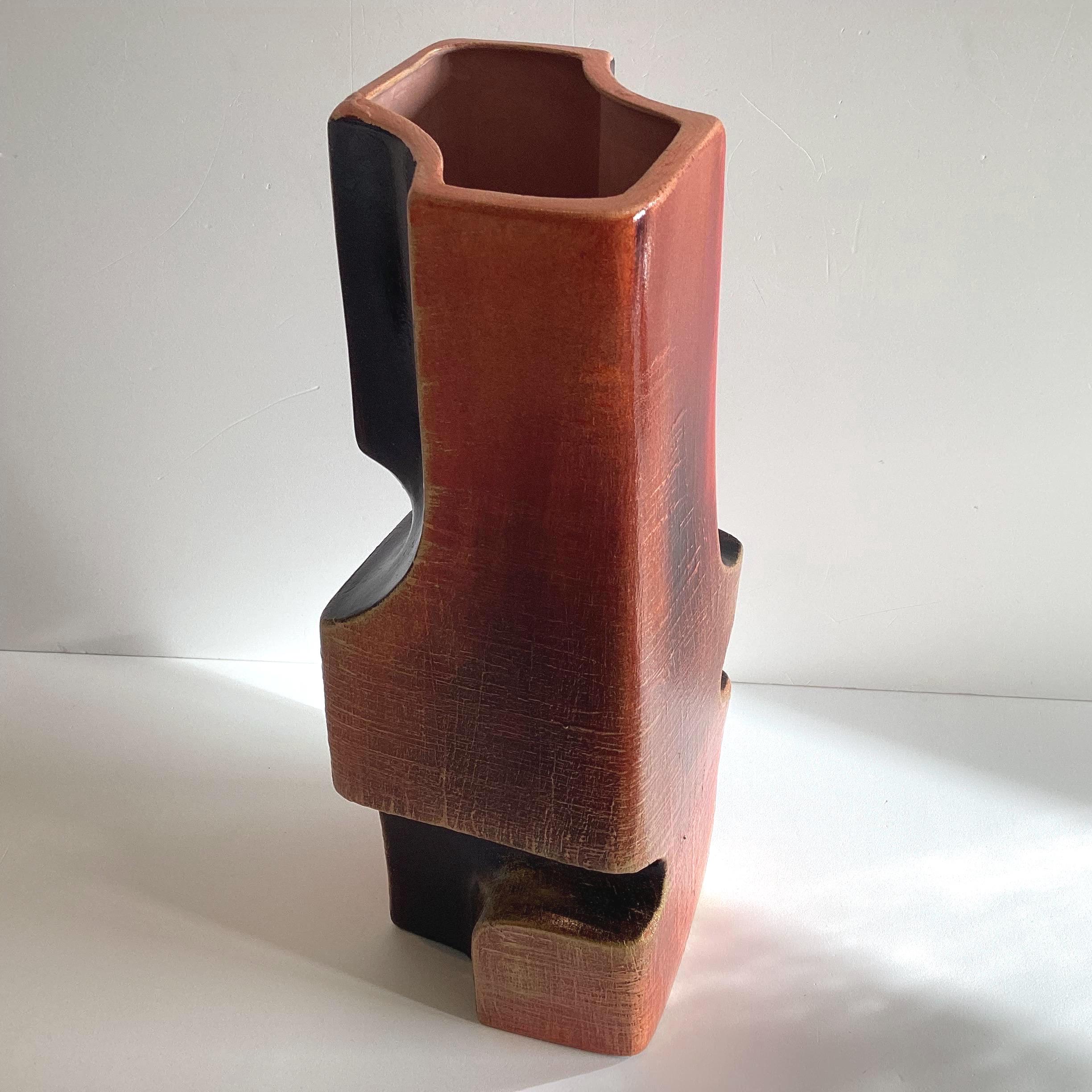 Ceramic Vase | 1980s Postmodern Italian Pottery, Red Clay & Black Glaze, Gold Patina — photo 7 of 11