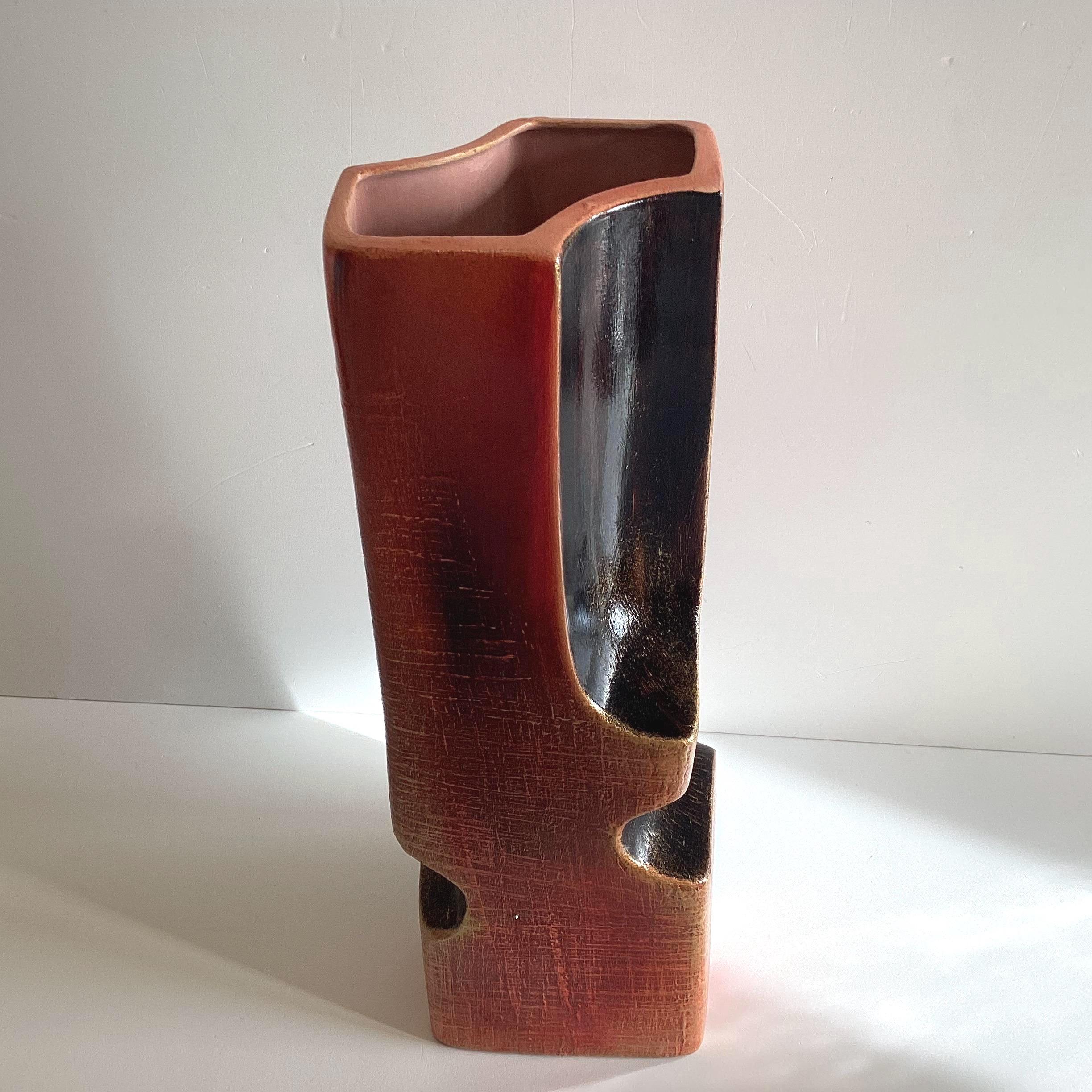 Ceramic Vase | 1980s Postmodern Italian Pottery, Red Clay & Black Glaze, Gold Patina — photo 8 of 11