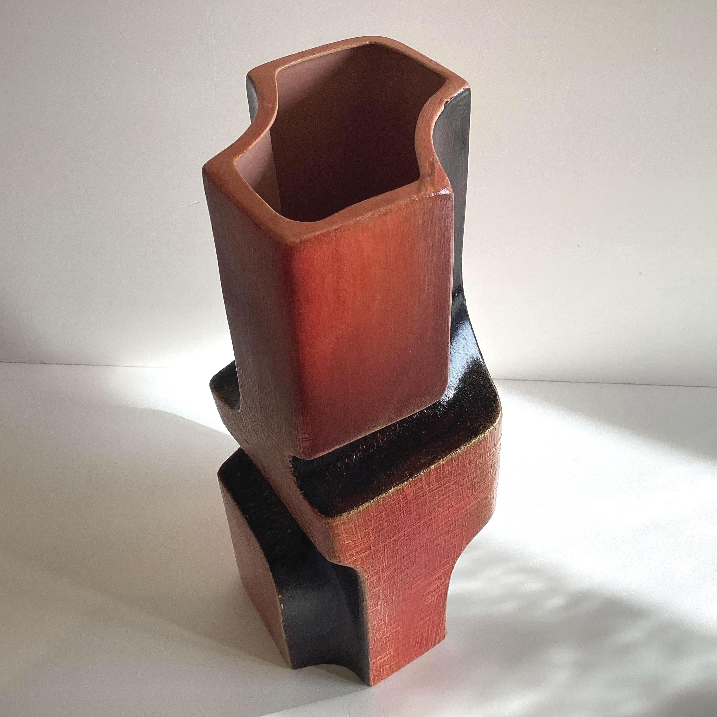 Ceramic Vase | 1980s Postmodern Italian Pottery, Red Clay & Black Glaze, Gold Patina — photo 9 of 11
