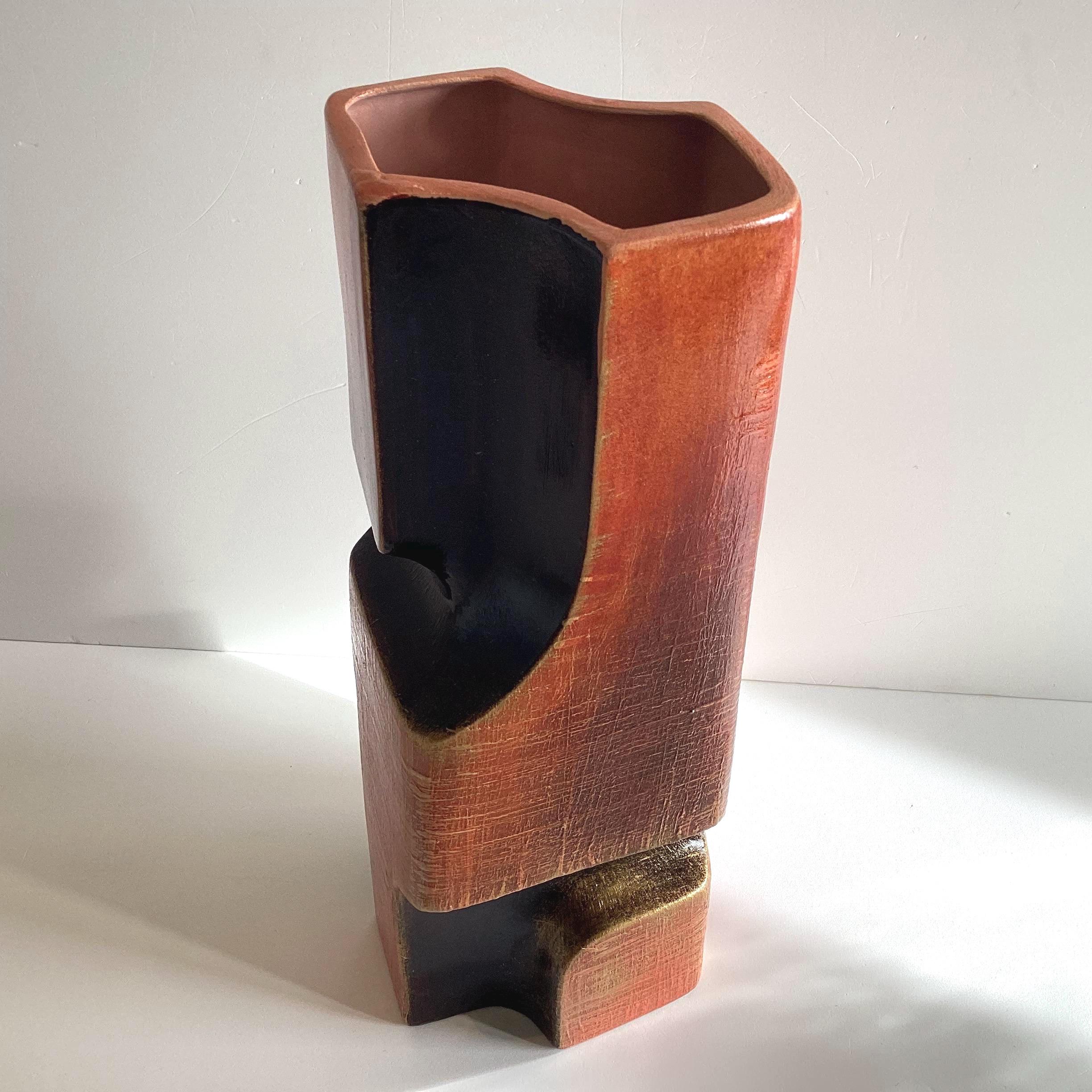 Ceramic Vase | 1980s Postmodern Italian Pottery, Red Clay & Black Glaze, Gold Patina — photo 10 of 11
