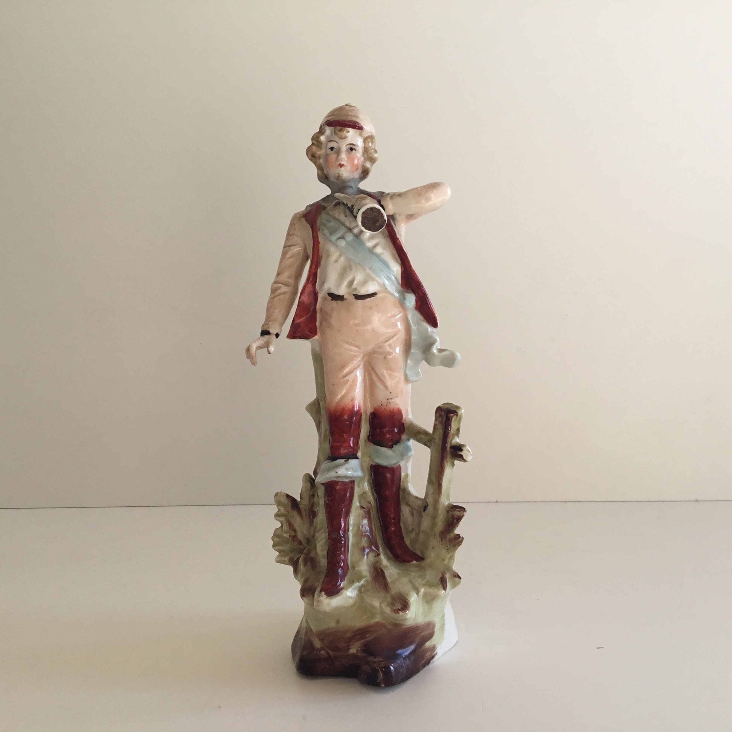 Antique Figurine | 1900s Porcelain Hunter with Horn, Hand Painted — photo 2 of 9