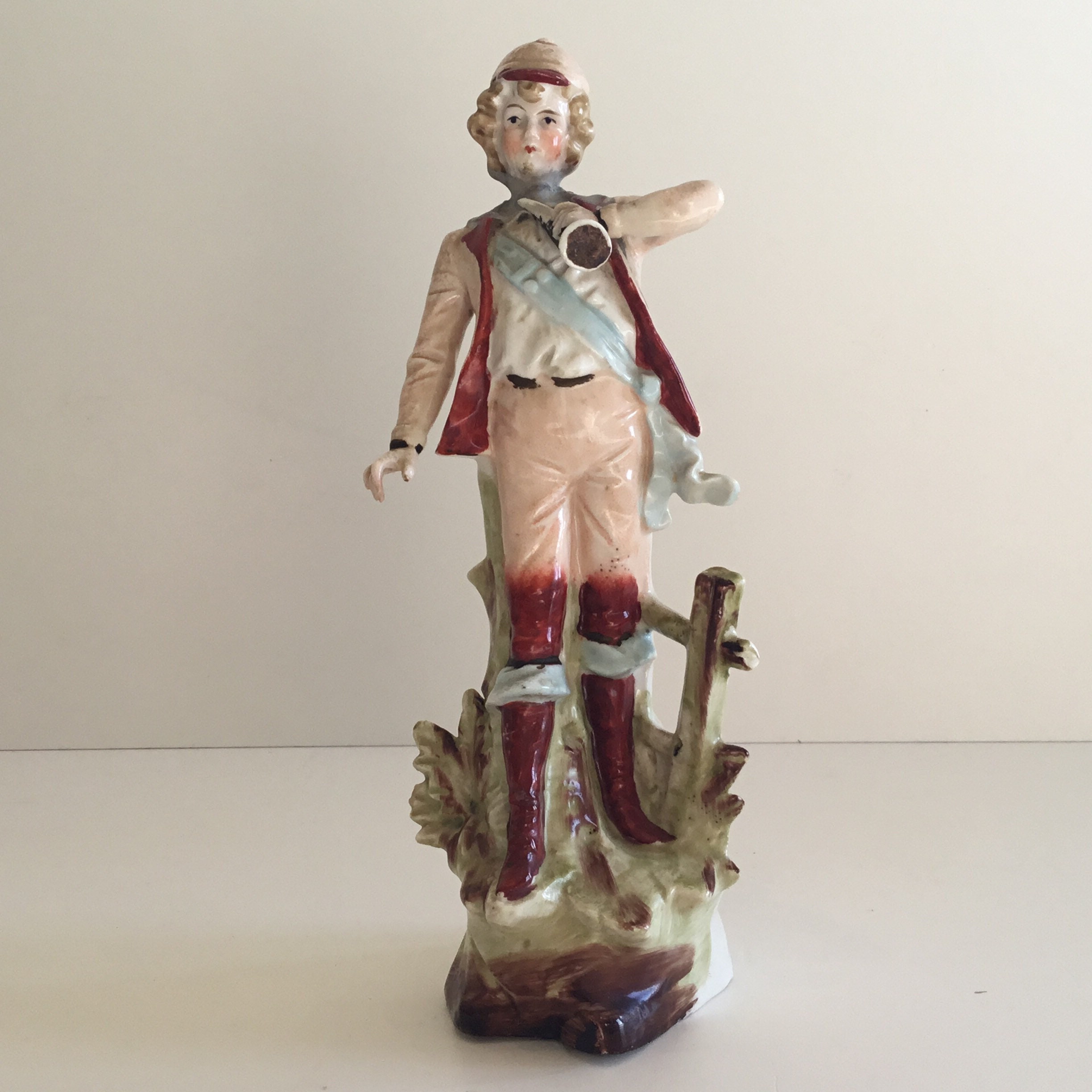 Antique Figurine | 1900s Porcelain Hunter with Horn, Hand Painted — photo 3 of 9