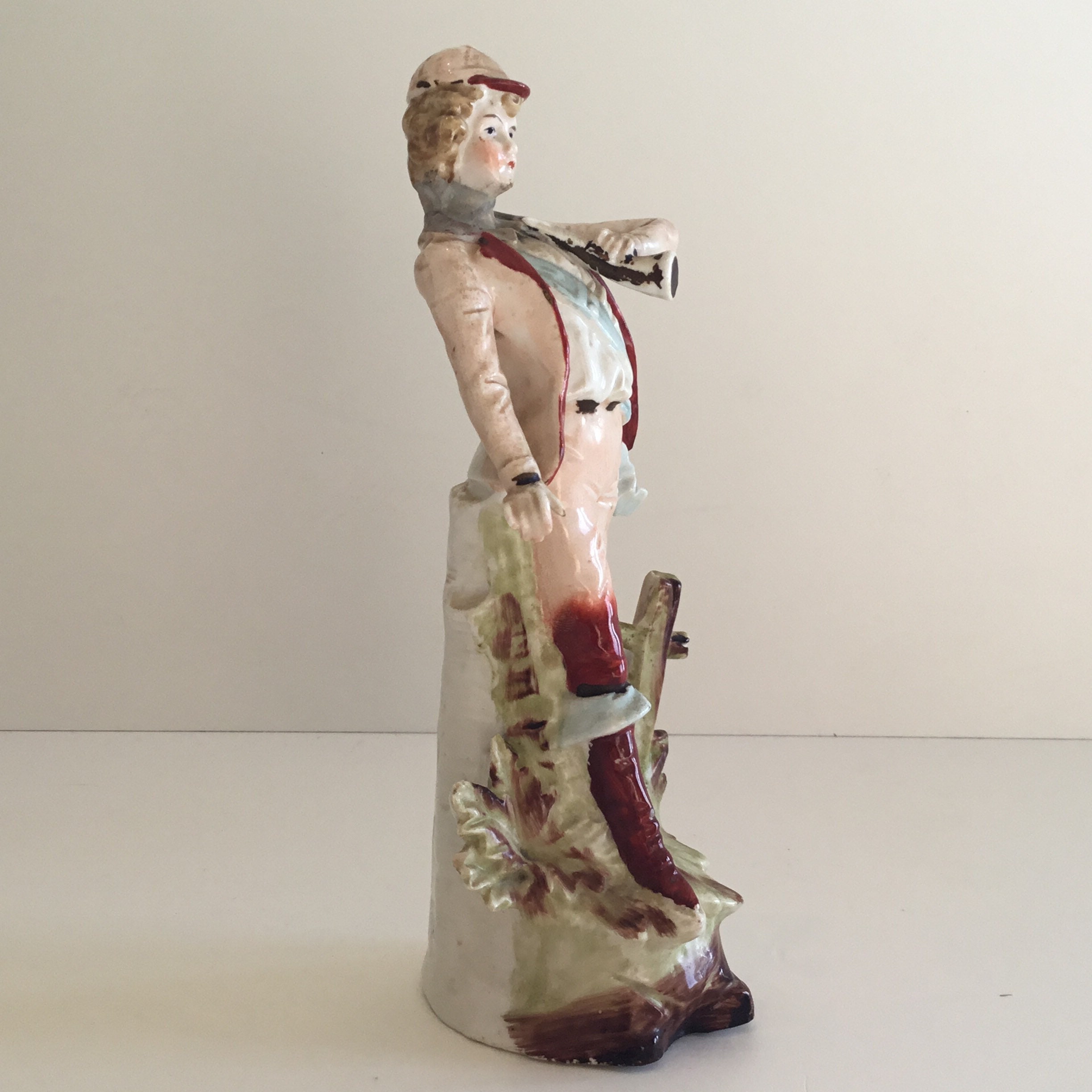 Antique Figurine | 1900s Porcelain Hunter with Horn, Hand Painted — photo 4 of 9