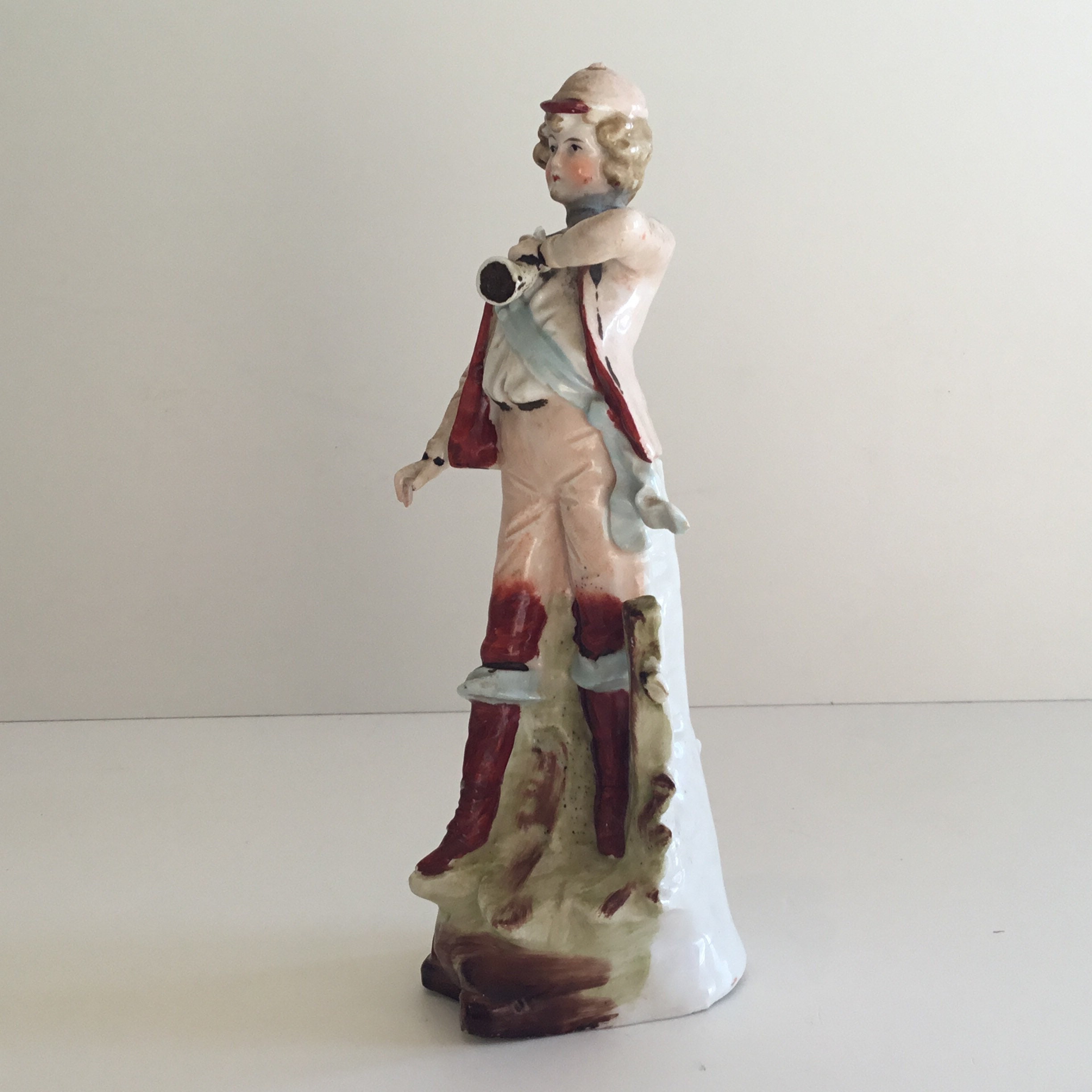 Antique Figurine | 1900s Porcelain Hunter with Horn, Hand Painted — photo 6 of 9