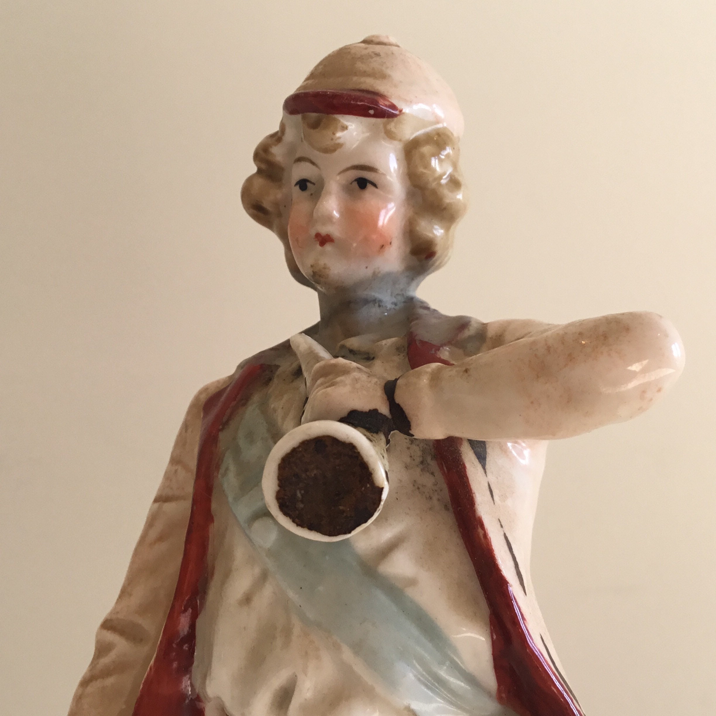 Antique Figurine | 1900s Porcelain Hunter with Horn, Hand Painted — photo 7 of 9