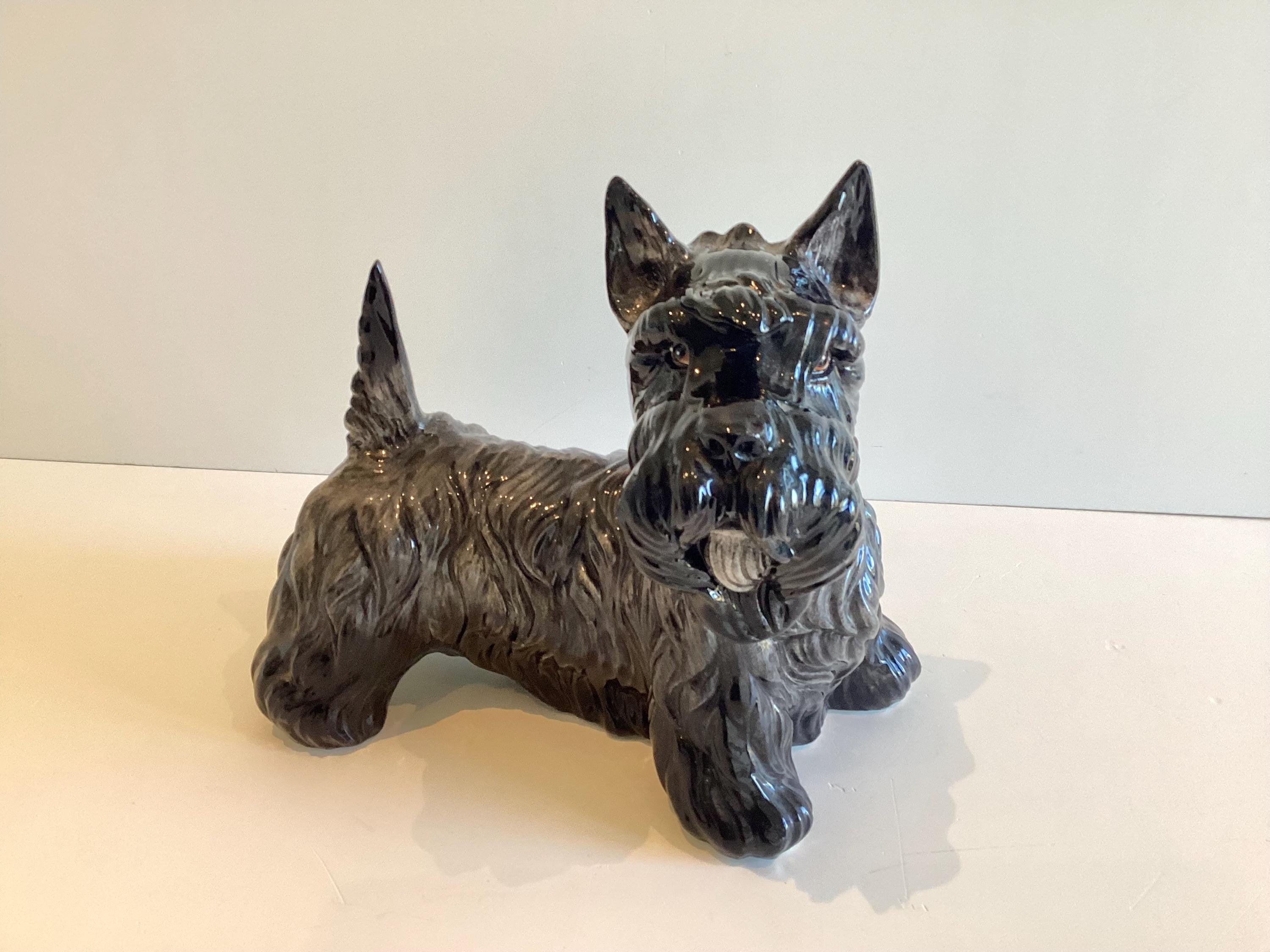 Vintage Figurine | Scottish Terrier 1950s Italian Ceramic Dog, Hand Painted Black Grey Glaze — photo 2 of 11